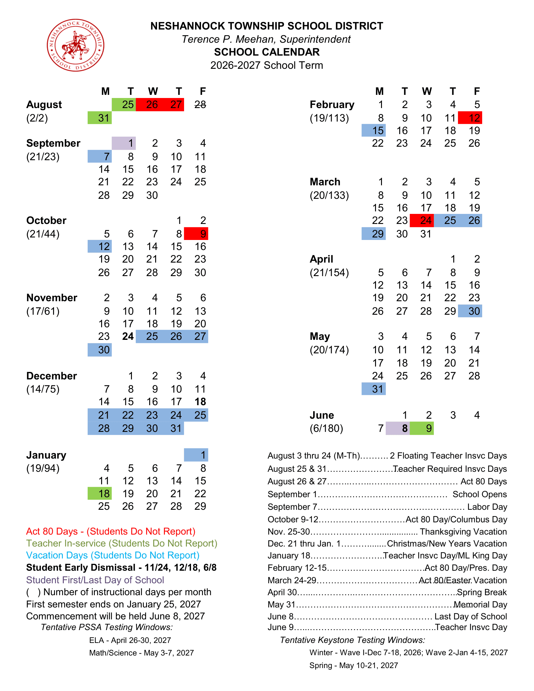 NESHANNOCK TOWNSHIP SCHOOL DISTRICT Calendar 26-27 pdf