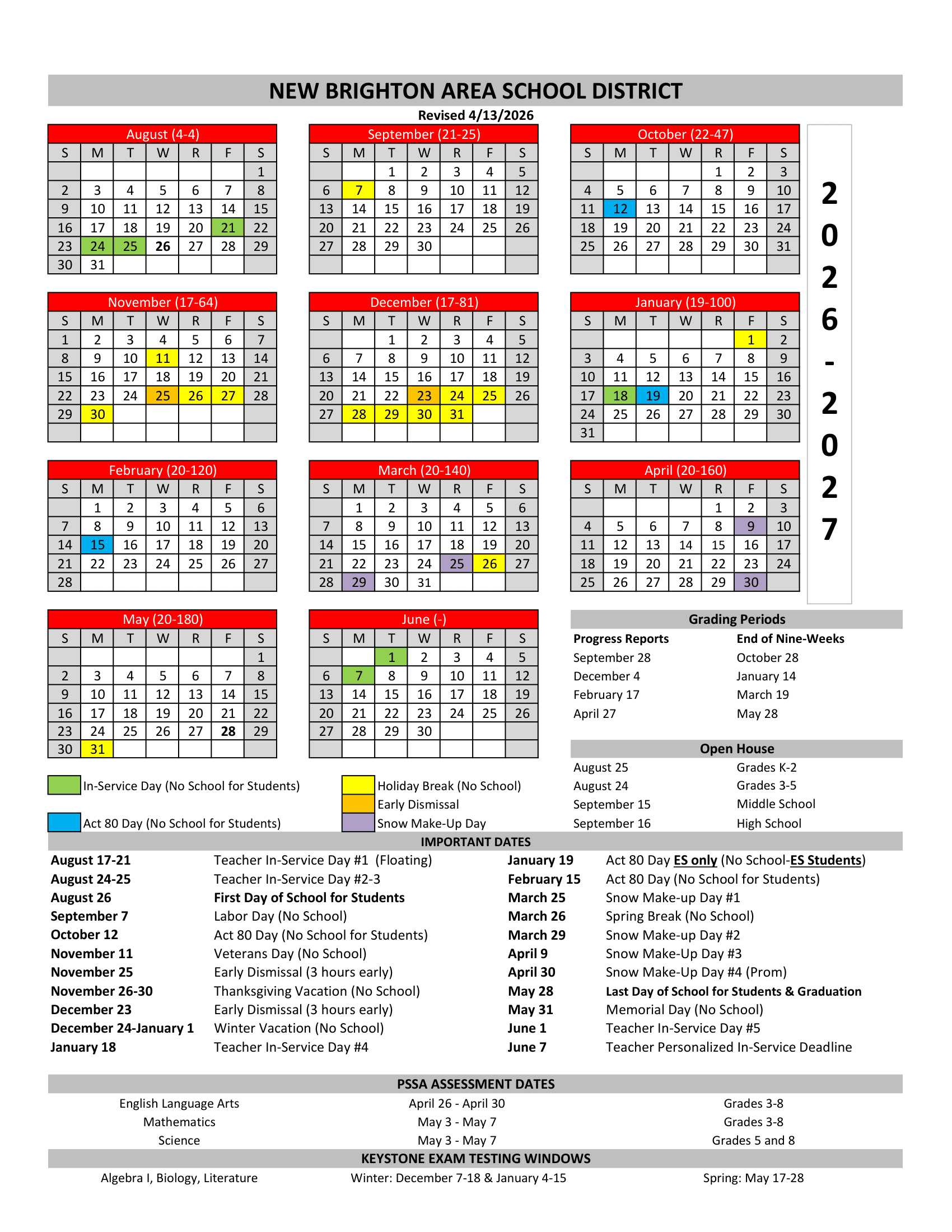 NEW BRIGHTON AREA SCHOOL DISTRICT Calendar 26-27 pdf