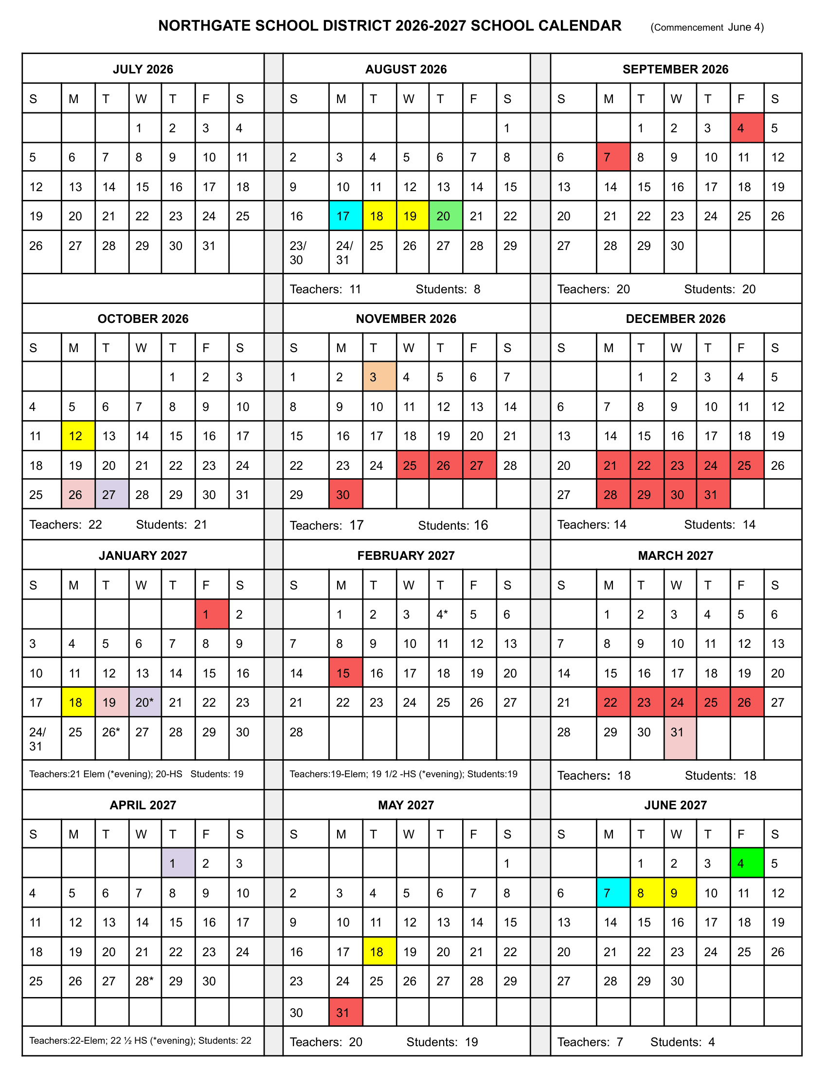 NORTHGATE SCHOOL DISTRICT Calendar 26-27 pdf