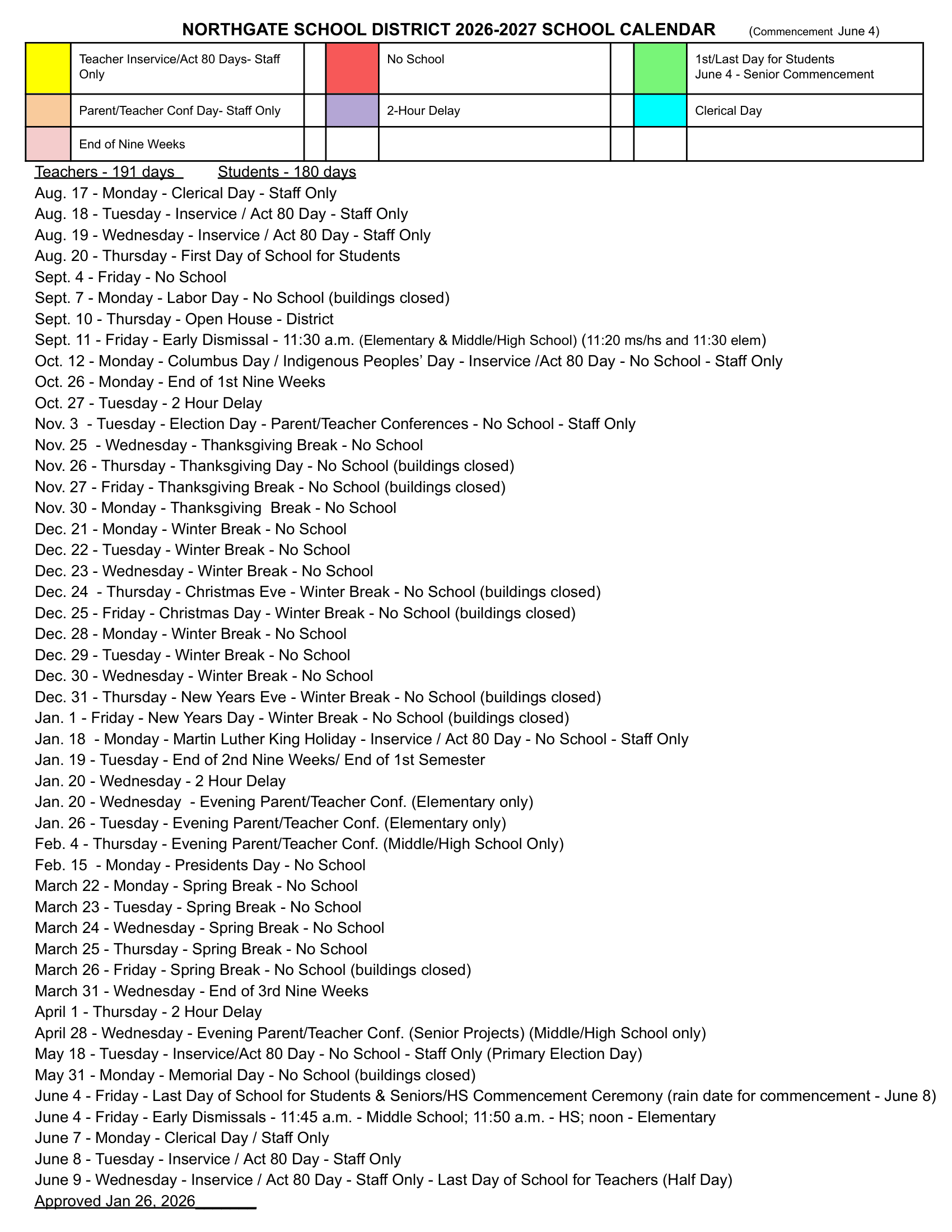 NORTHGATE SCHOOL DISTRICT Calendar 26-27 pdf