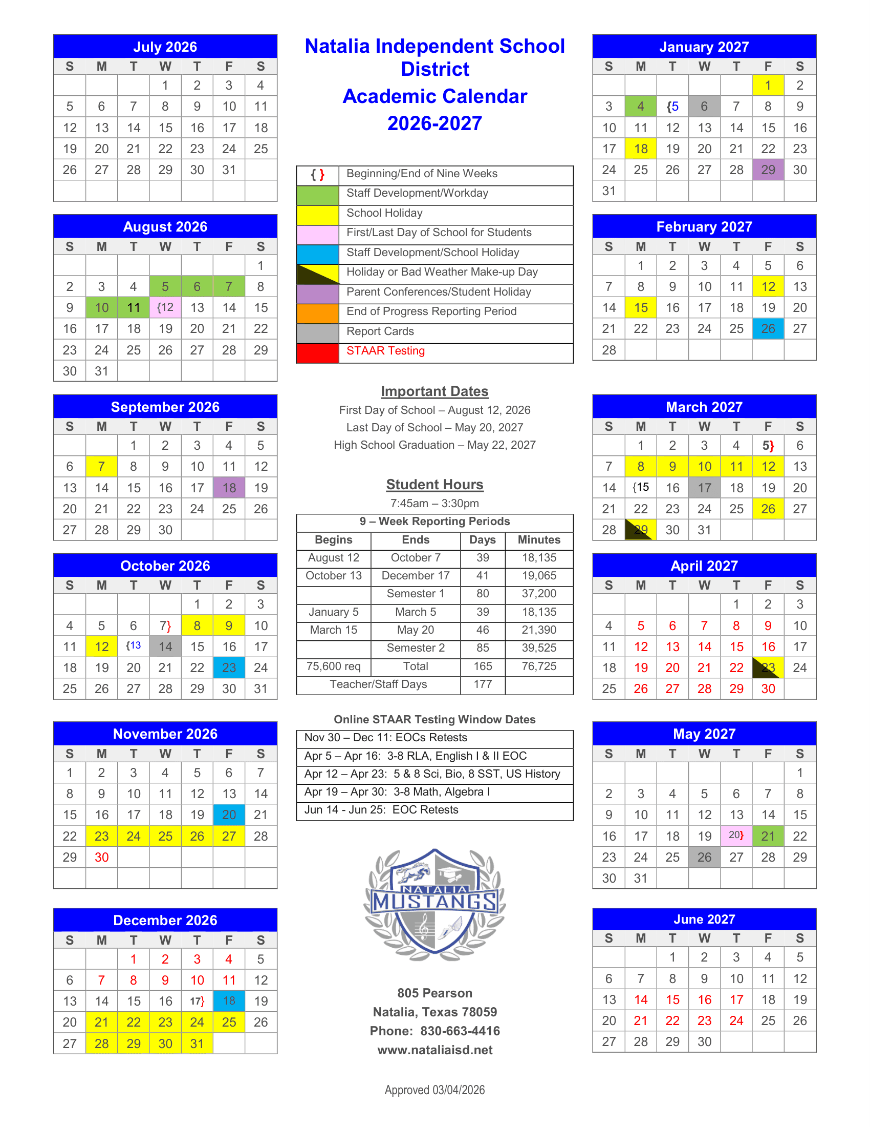 Natalia Independent School District Calendar 26-27 pdf