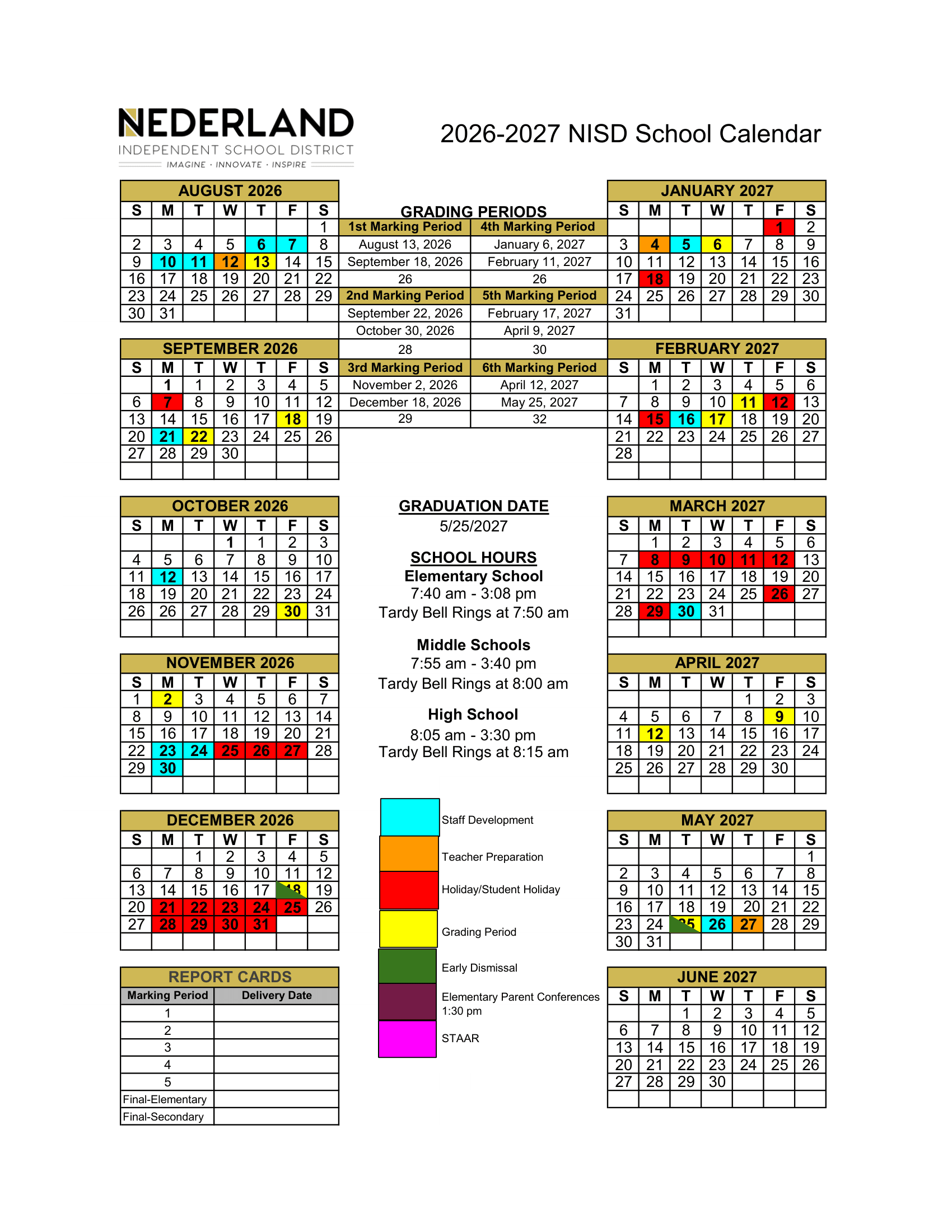 Nederland Independent School District Calendar 26-27 Revised