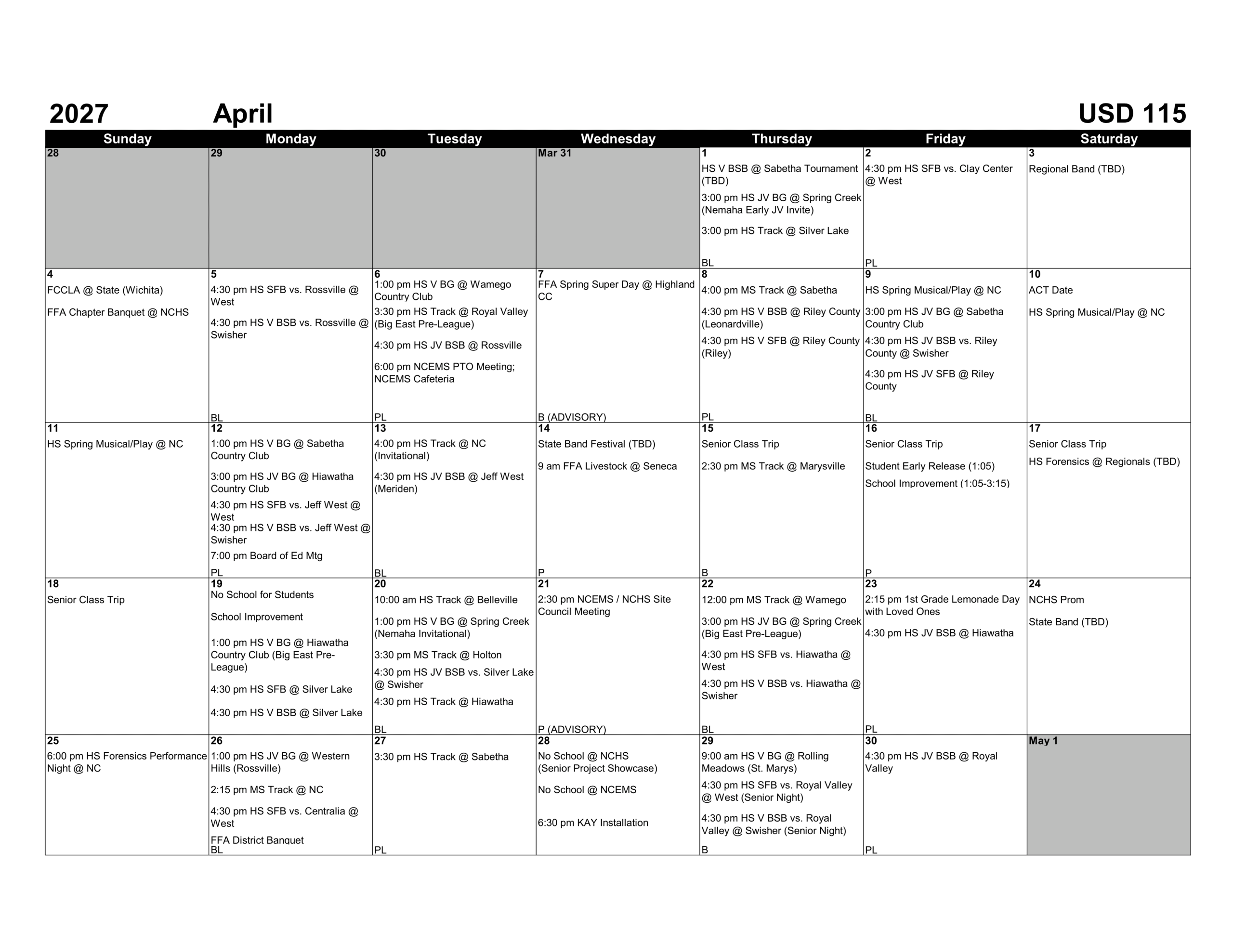 Nemaha Central Schools USD 115 Calendar 26-27 Revised