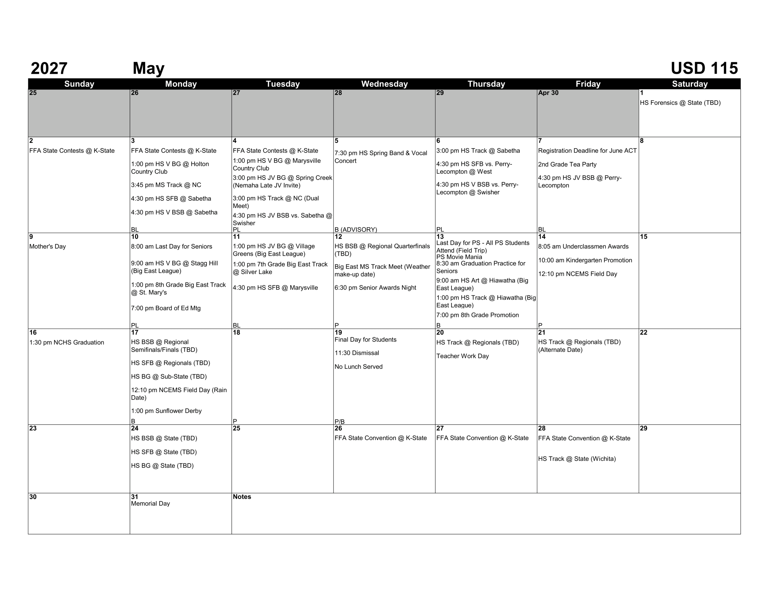Nemaha Central Schools USD 115 Calendar 26-27 Revised