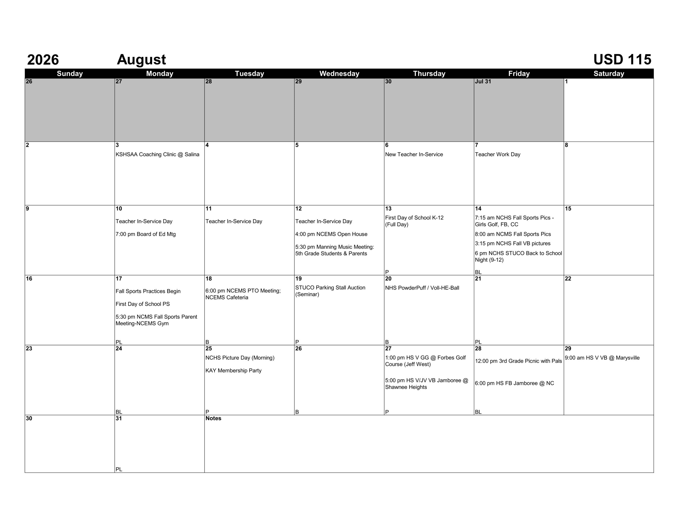 Nemaha Central Schools USD 115 Calendar 26-27 Revised