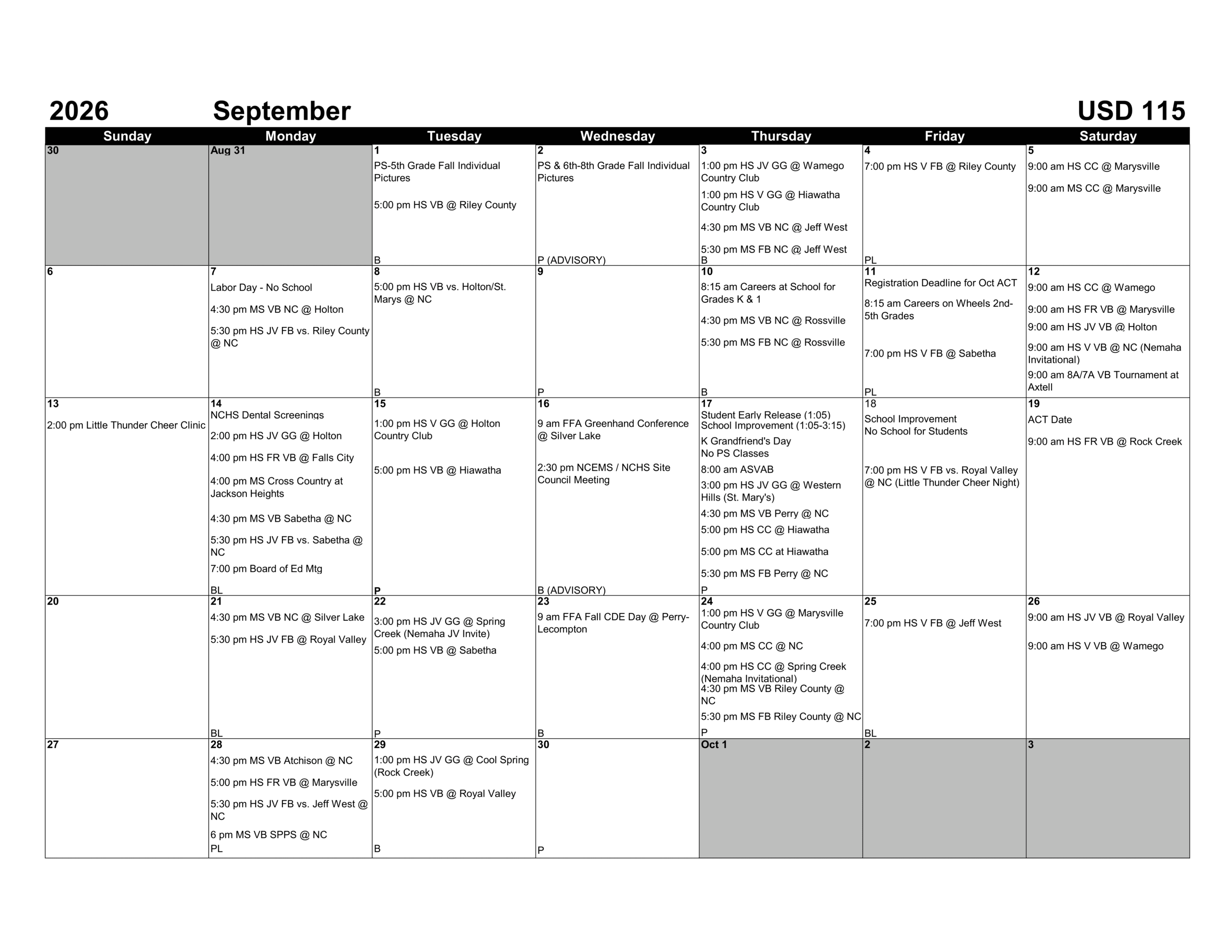 Nemaha Central Schools USD 115 Calendar 26-27 Revised