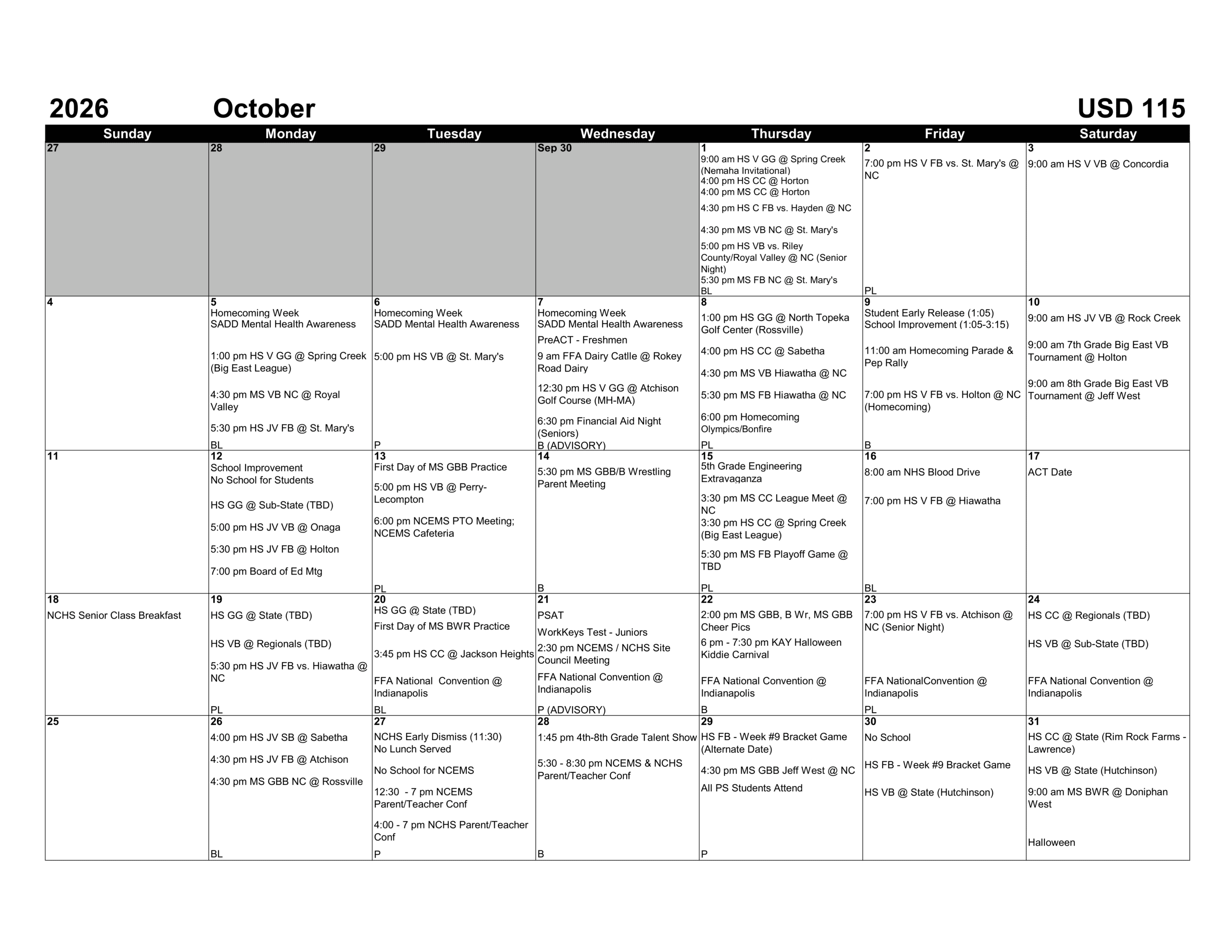Nemaha Central Schools USD 115 Calendar 26-27 Revised