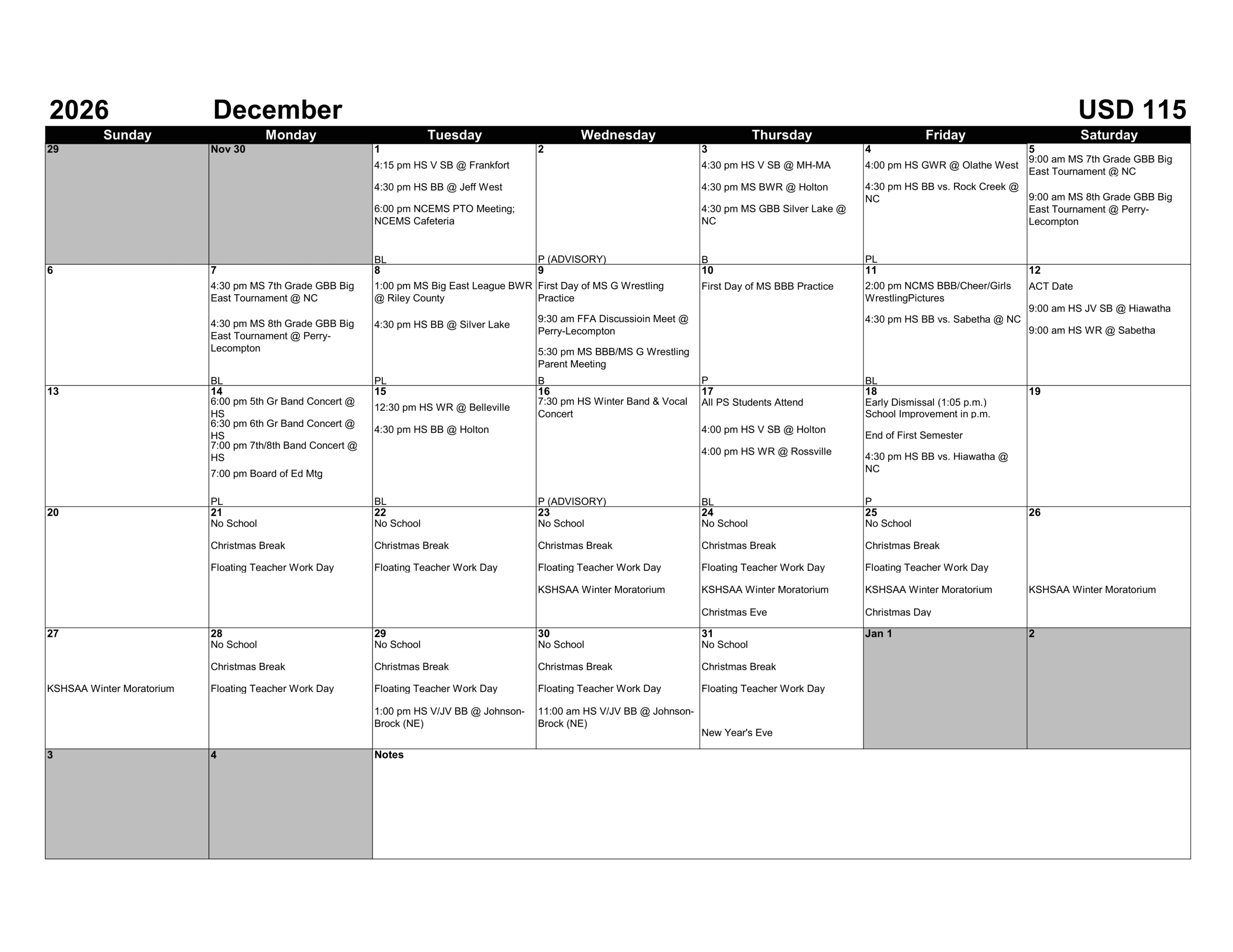 Nemaha Central Schools USD 115 Calendar 26-27 Revised