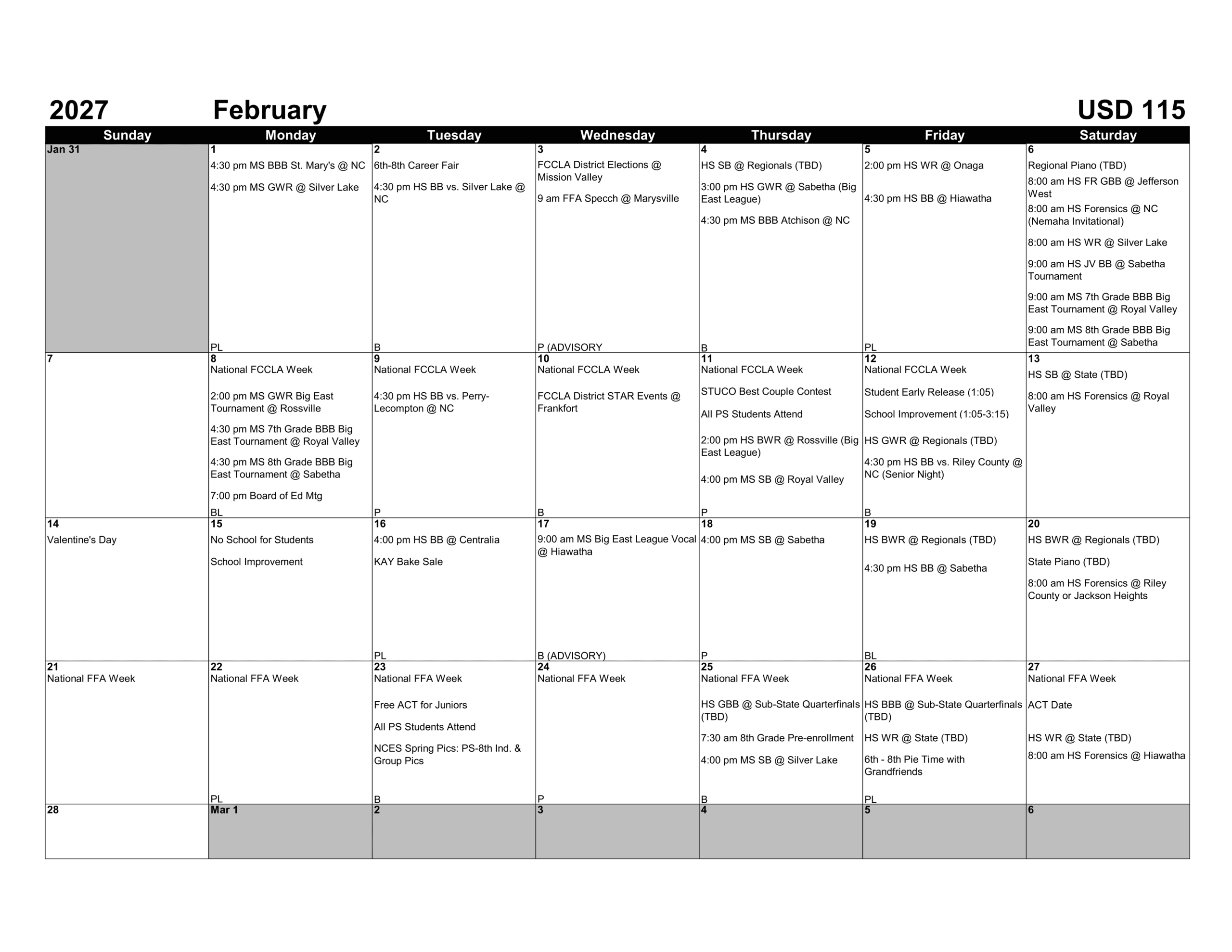 Nemaha Central Schools USD 115 Calendar 26-27 Revised
