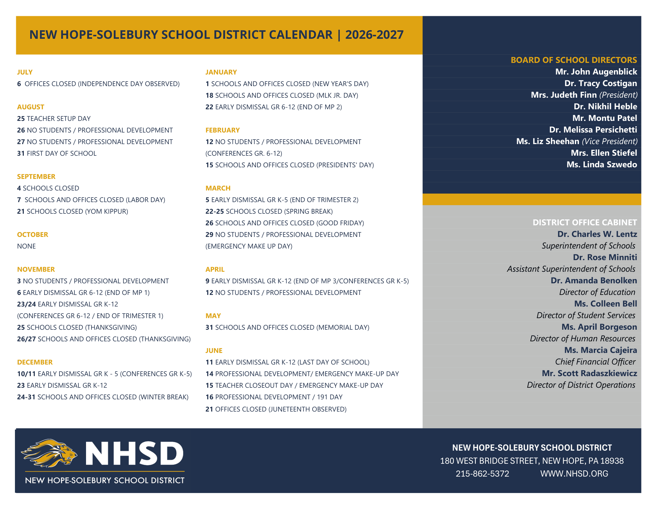 New Hope-Solebury School District Calendar 26-27 pdf