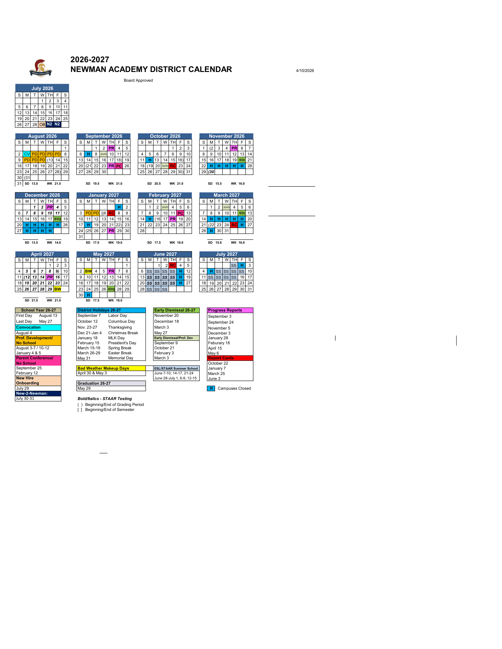 Newman Academy District Calendar 26-27 pdf