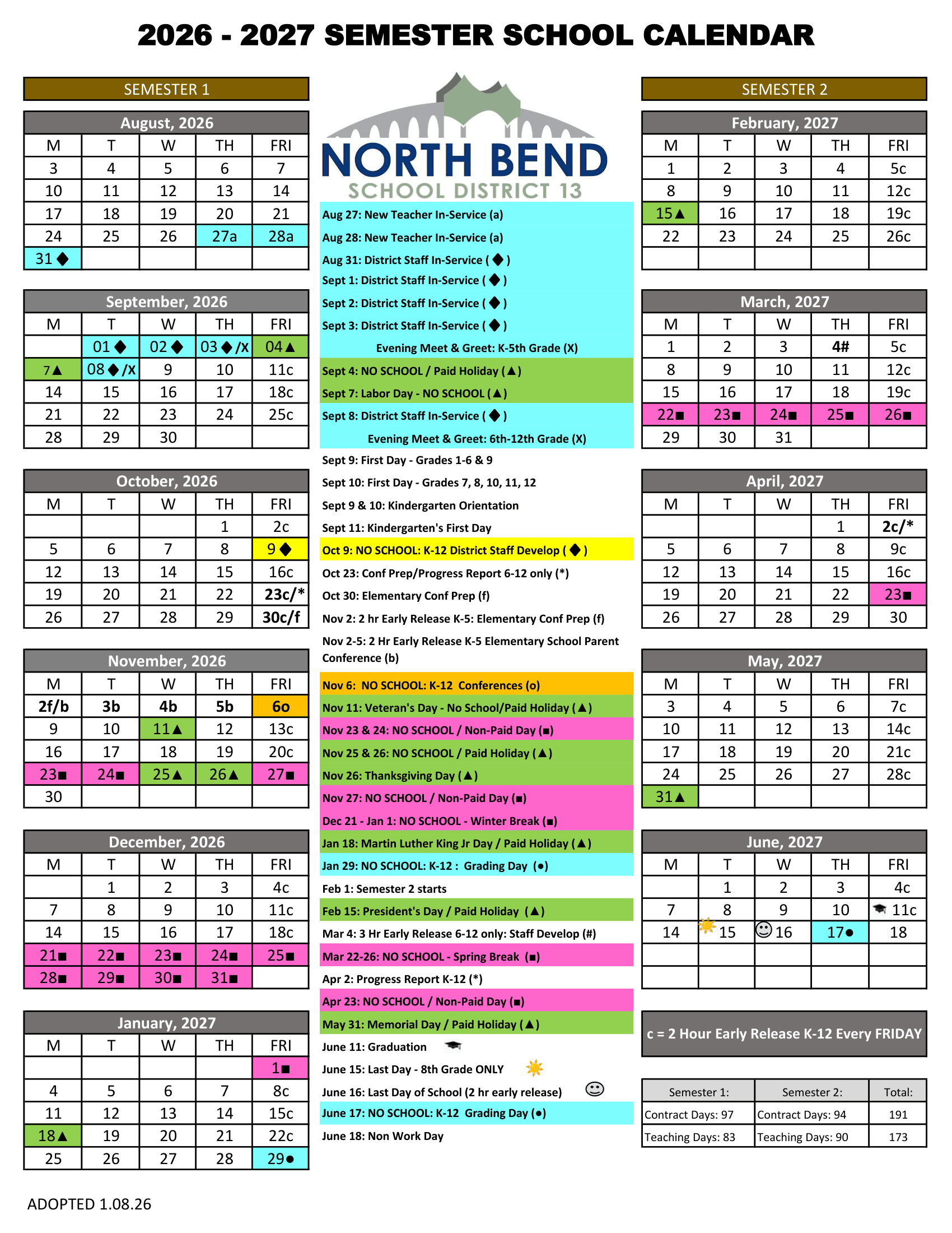 North Bend School District 13 Calendar 26-27 PDF