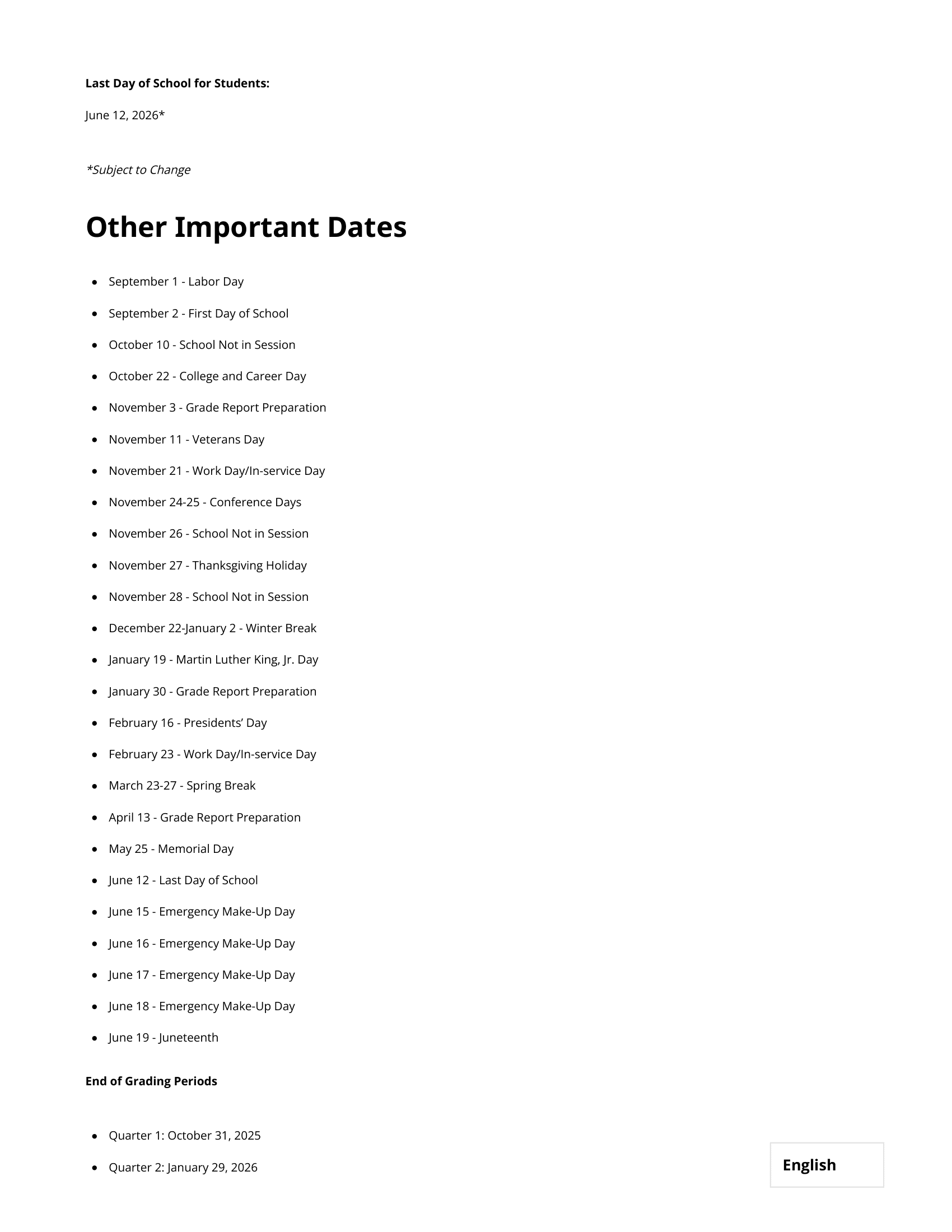 North Clackamas School District Calendar 25-26 PDF