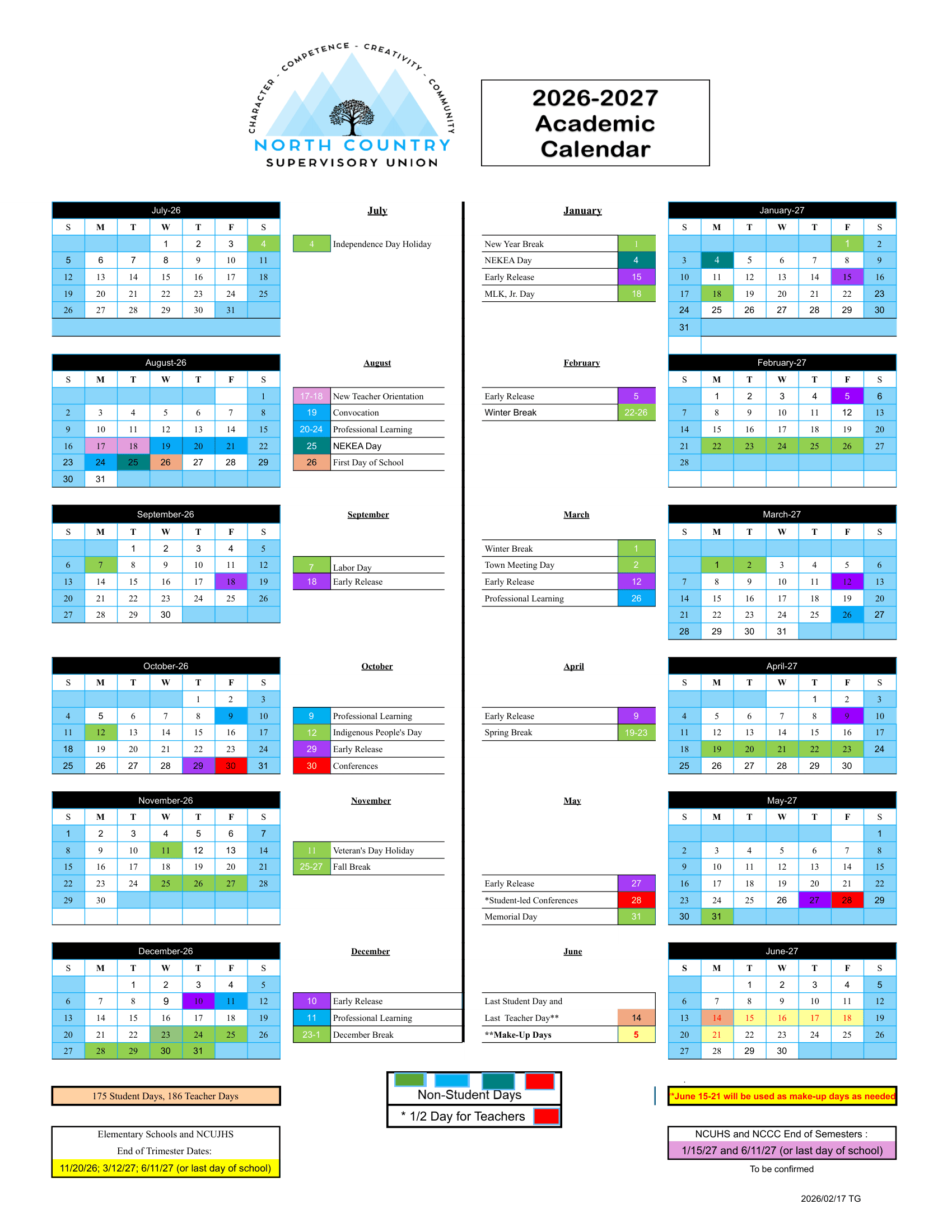 North Country Supervisory Union Calendar 26-27 Revised