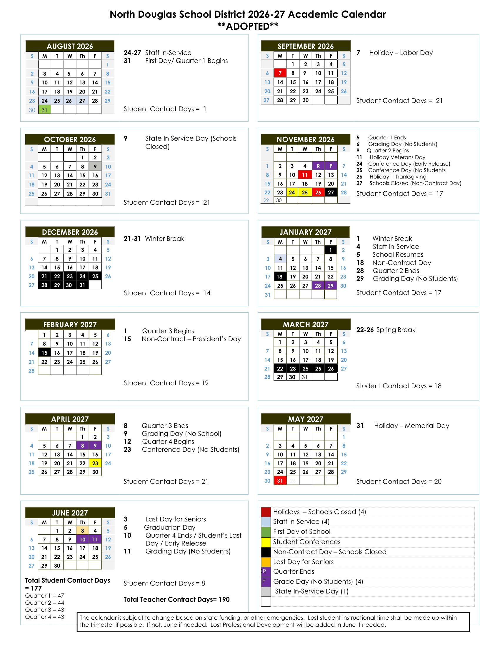 North Douglas School District Calendar 26-27 PDF
