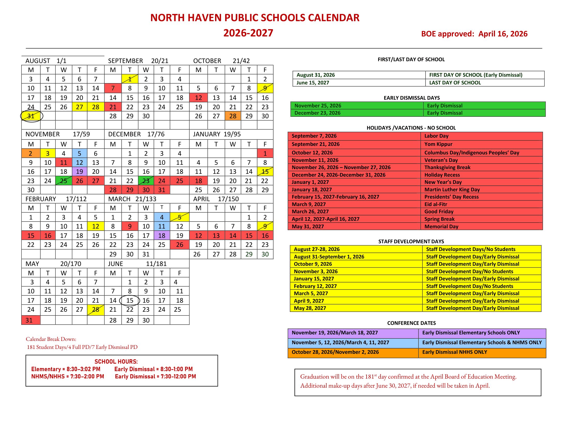 North Haven Public Schools Calendar 26-27 pdf