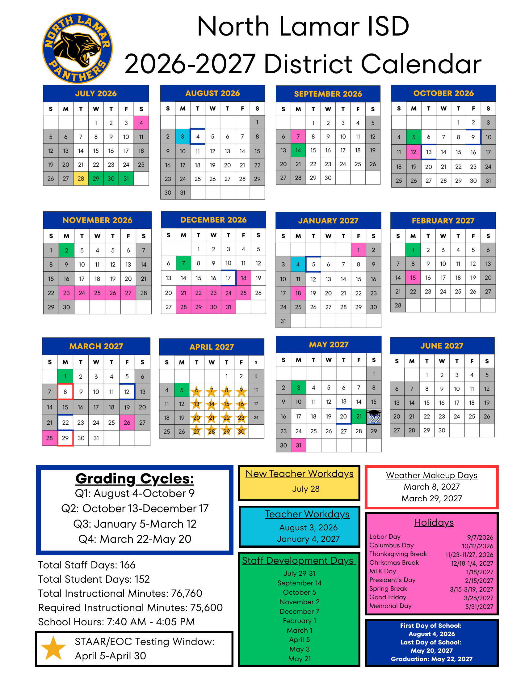 North Lamar ISD Calendar 26-27 pdf