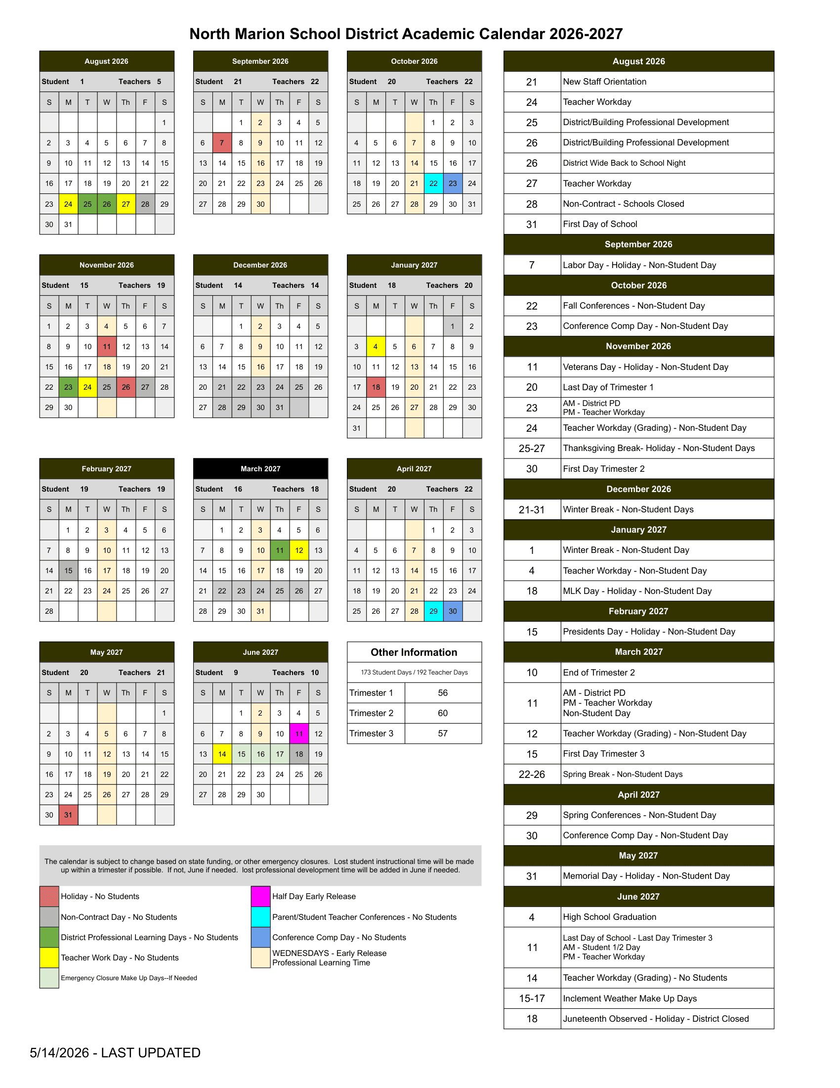 North Marion School District Calendar 26-27 PDF