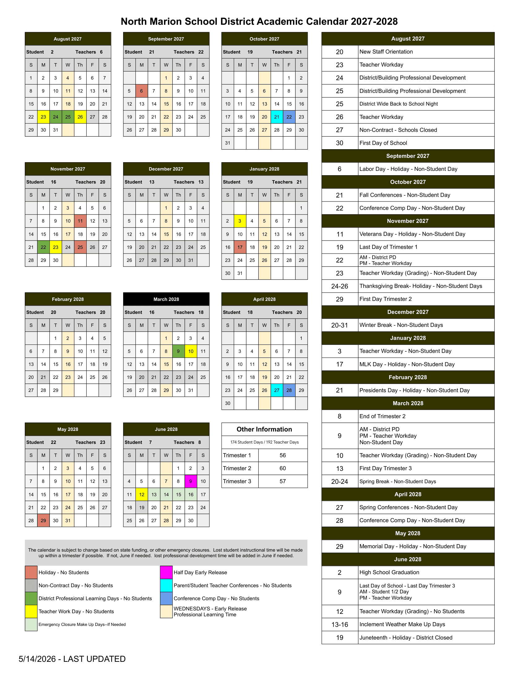 North Marion School District Calendar 26-27 PDF