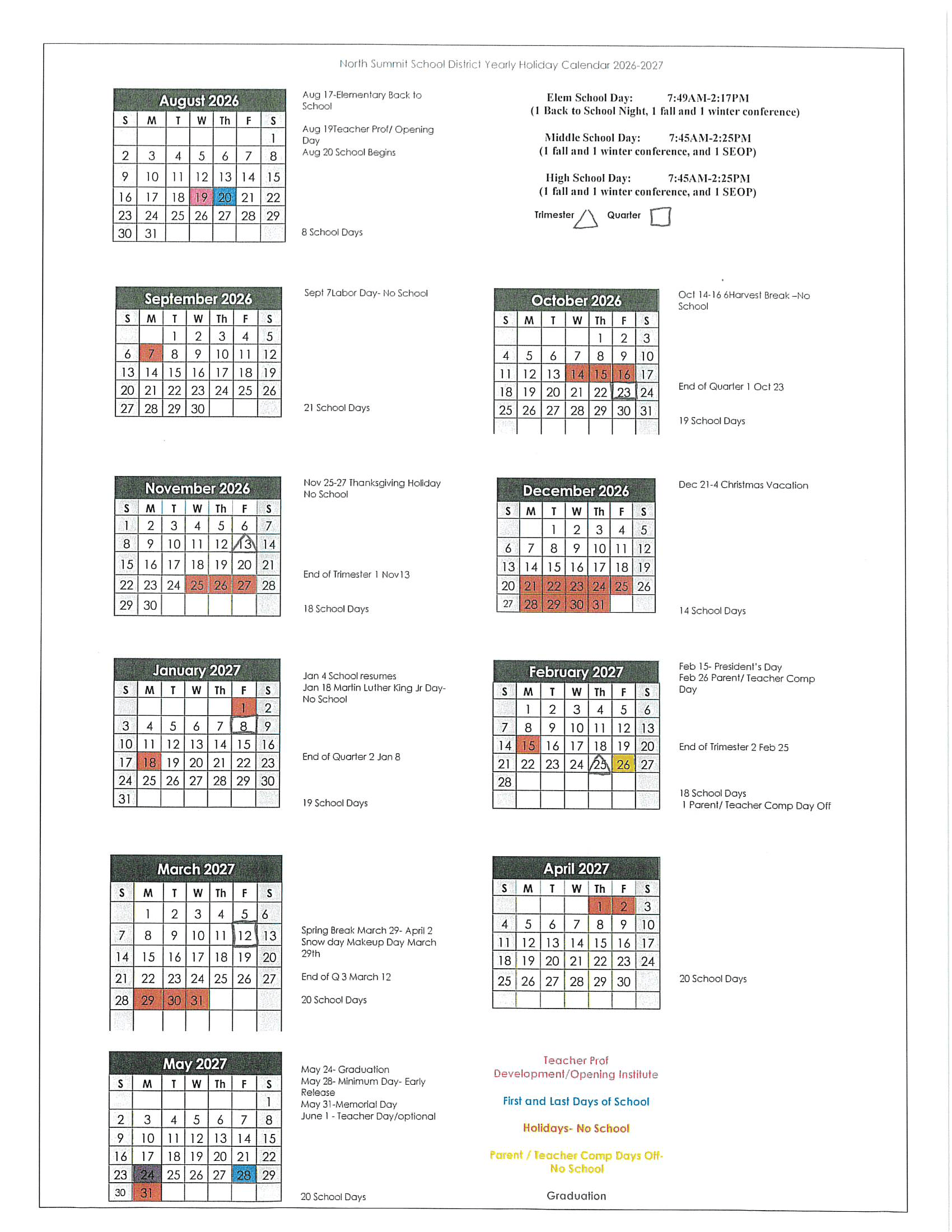 North Summit School District Calendar 26-27 PDF