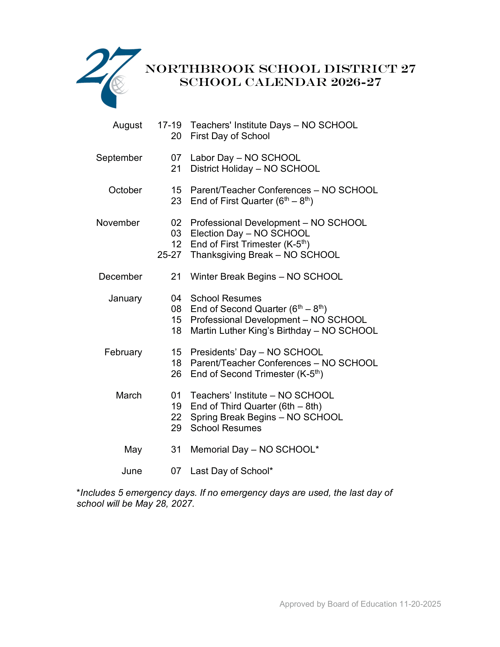 Northbrook School District 27 Calendar 26-27 Revised