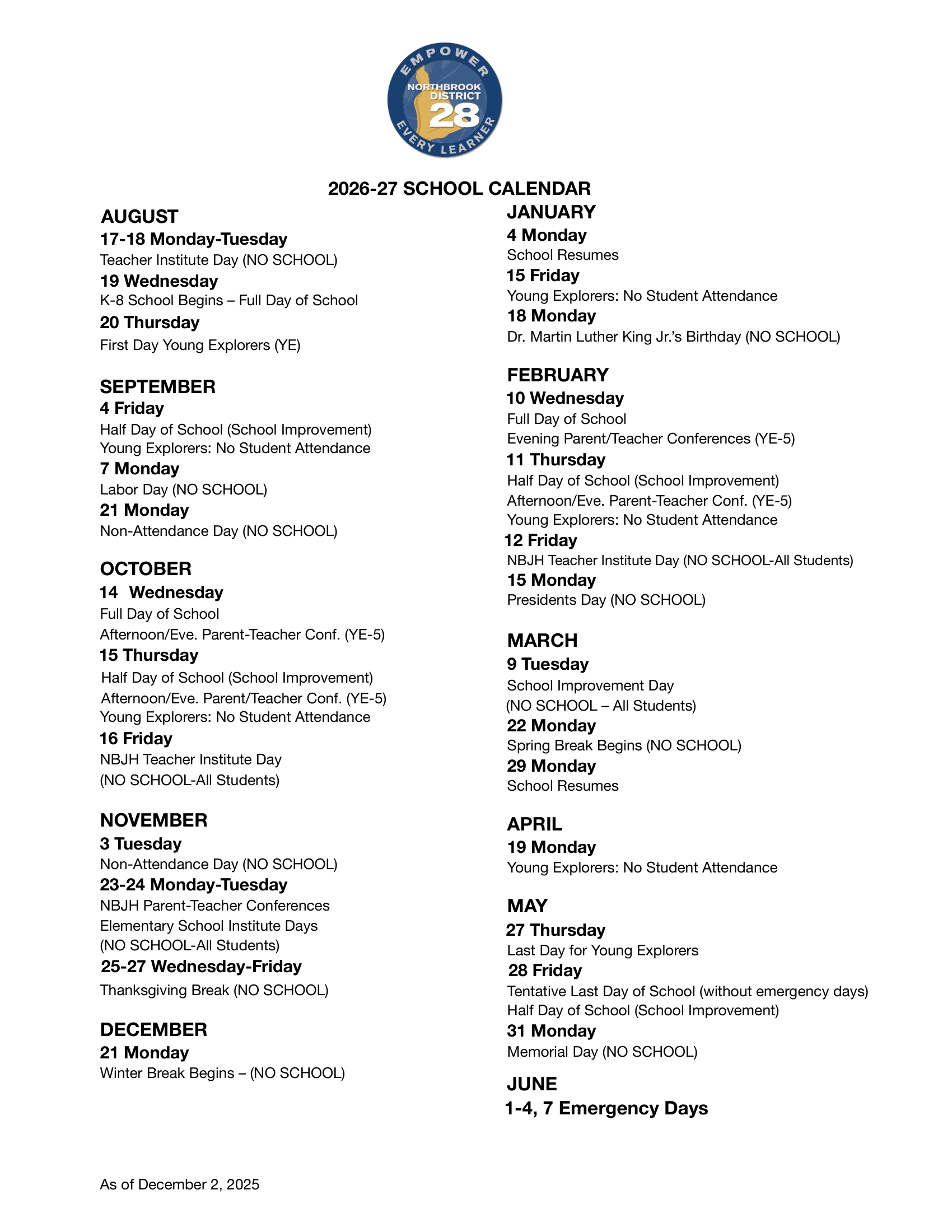 Northbrook School District 28 Calendar 26-27 pdf