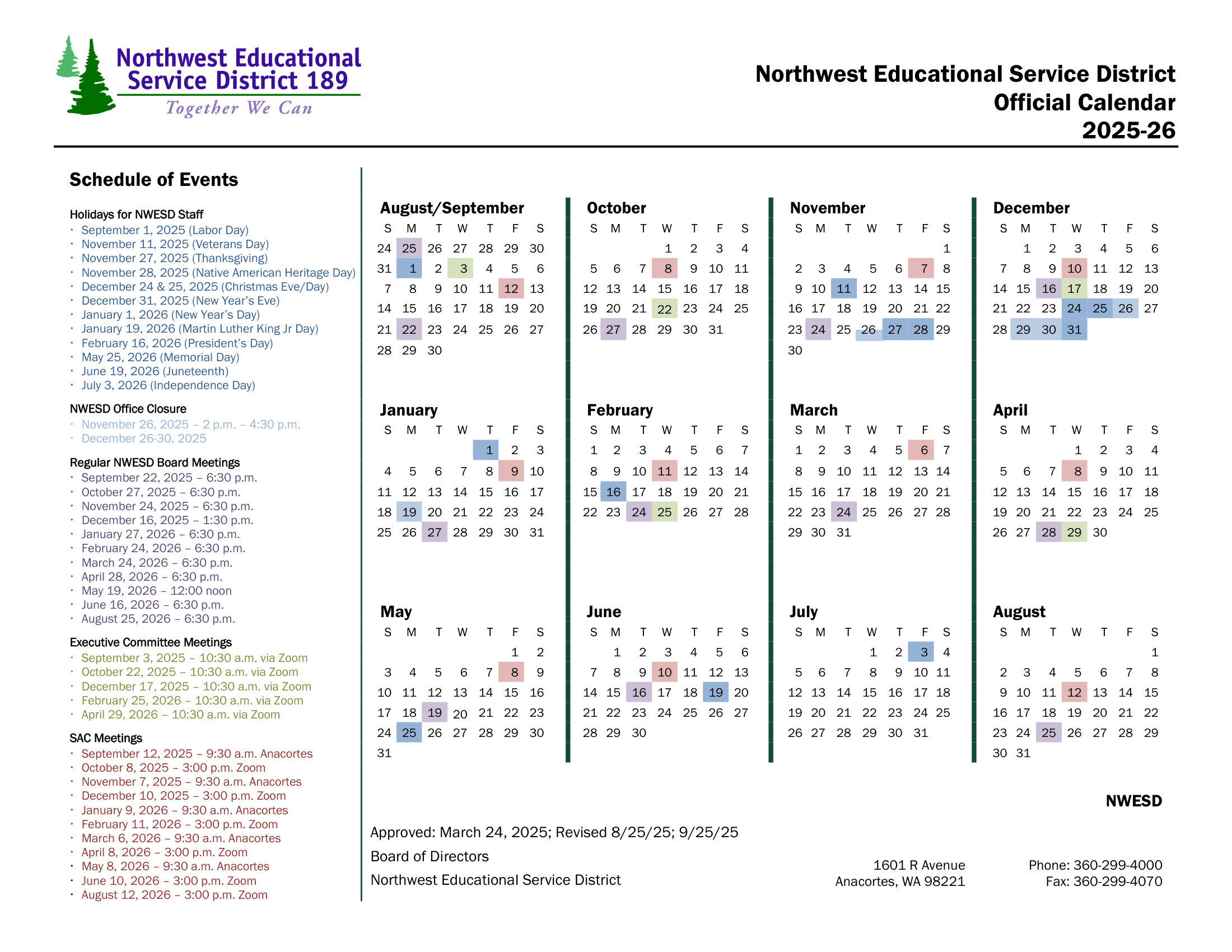 Northwest Educational Service District Calendar 25-26 PDF