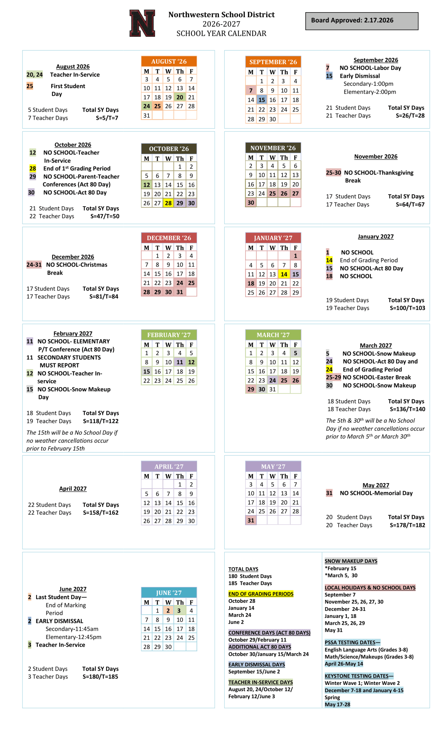Northwestern School District Calendar 26-27 pdf