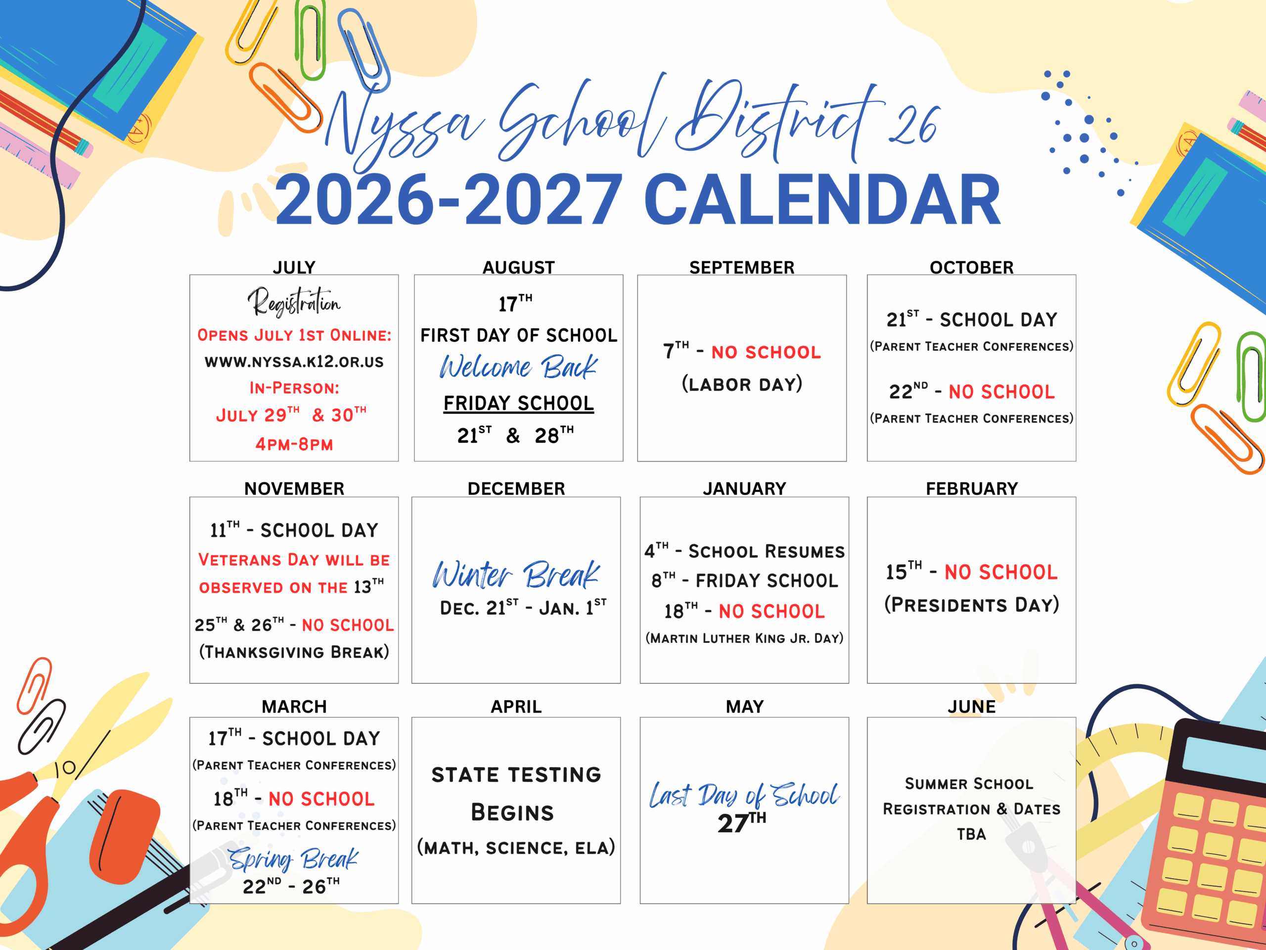 Nyssa School District 26 Calendar 26-27 PDF