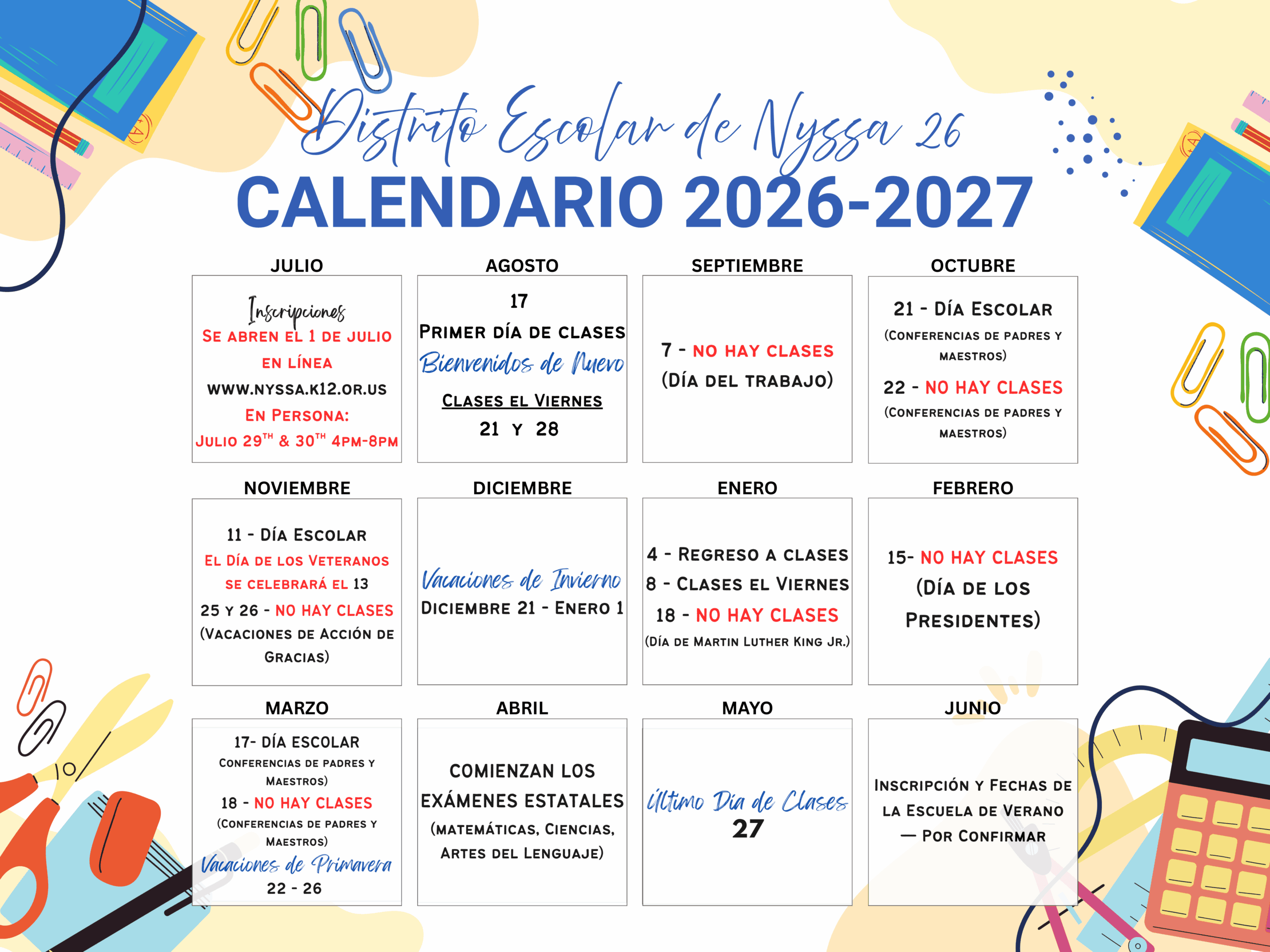 Nyssa School District 26 Calendar 26-27 PDF