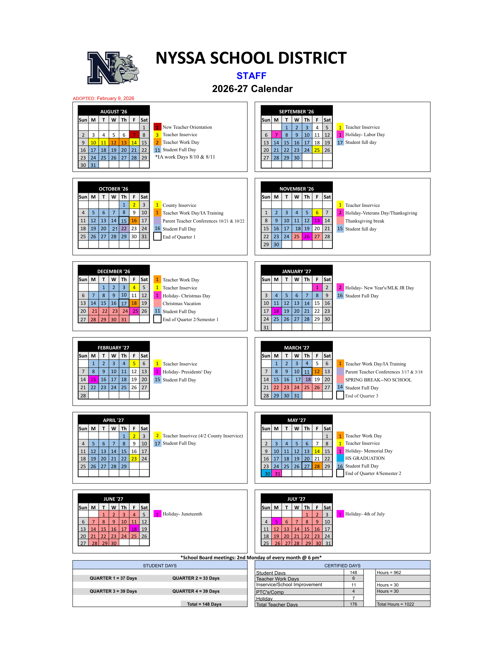 Nyssa School District 26 Calendar 26-27 PDF