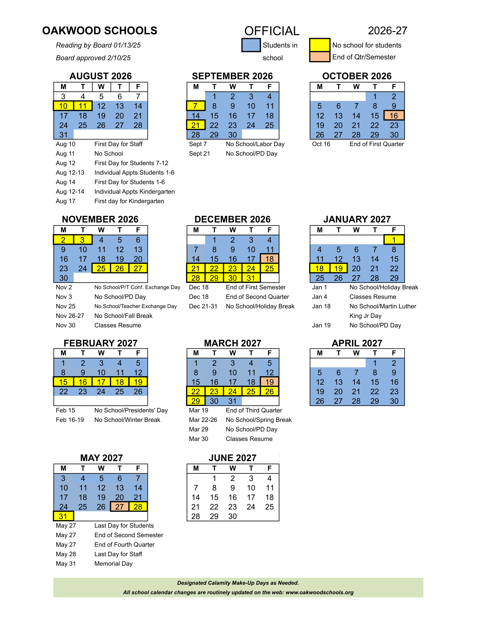 OAKWOOD SCHOOLS Calendar 26-27 pdf