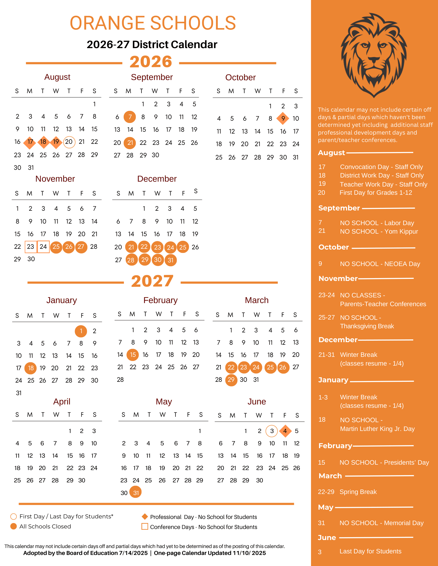 ORANGE SCHOOLS Calendar 26-27 pdf