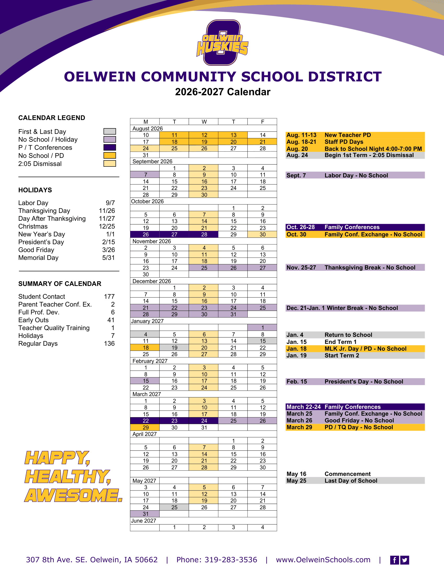 Oelwein Community School District Calendar 26-27 pdf
