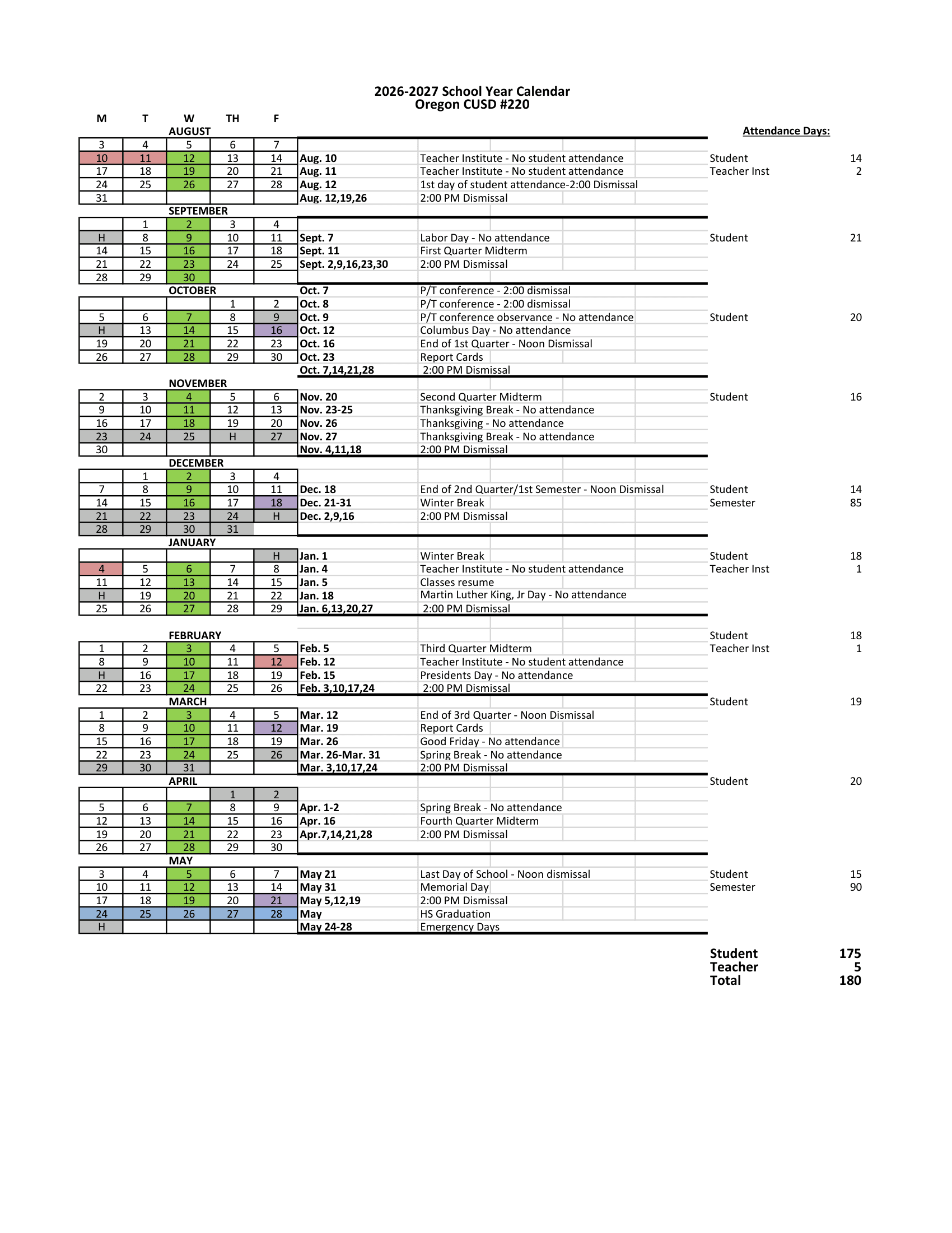 Oregon CUSD #220 Calendar 26-27 Revised
