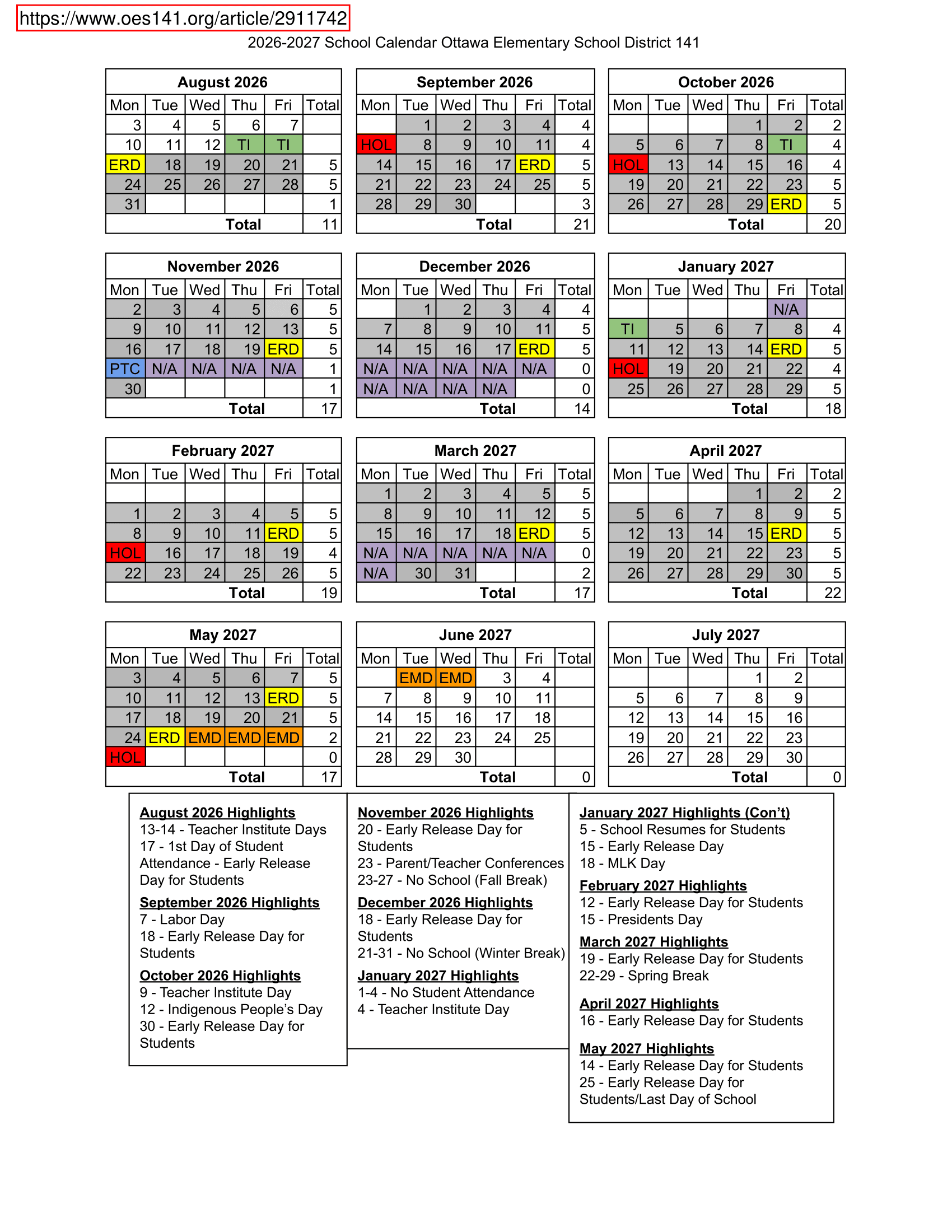 Ottawa Elementary School District 141 Calendar 26-27 pdf