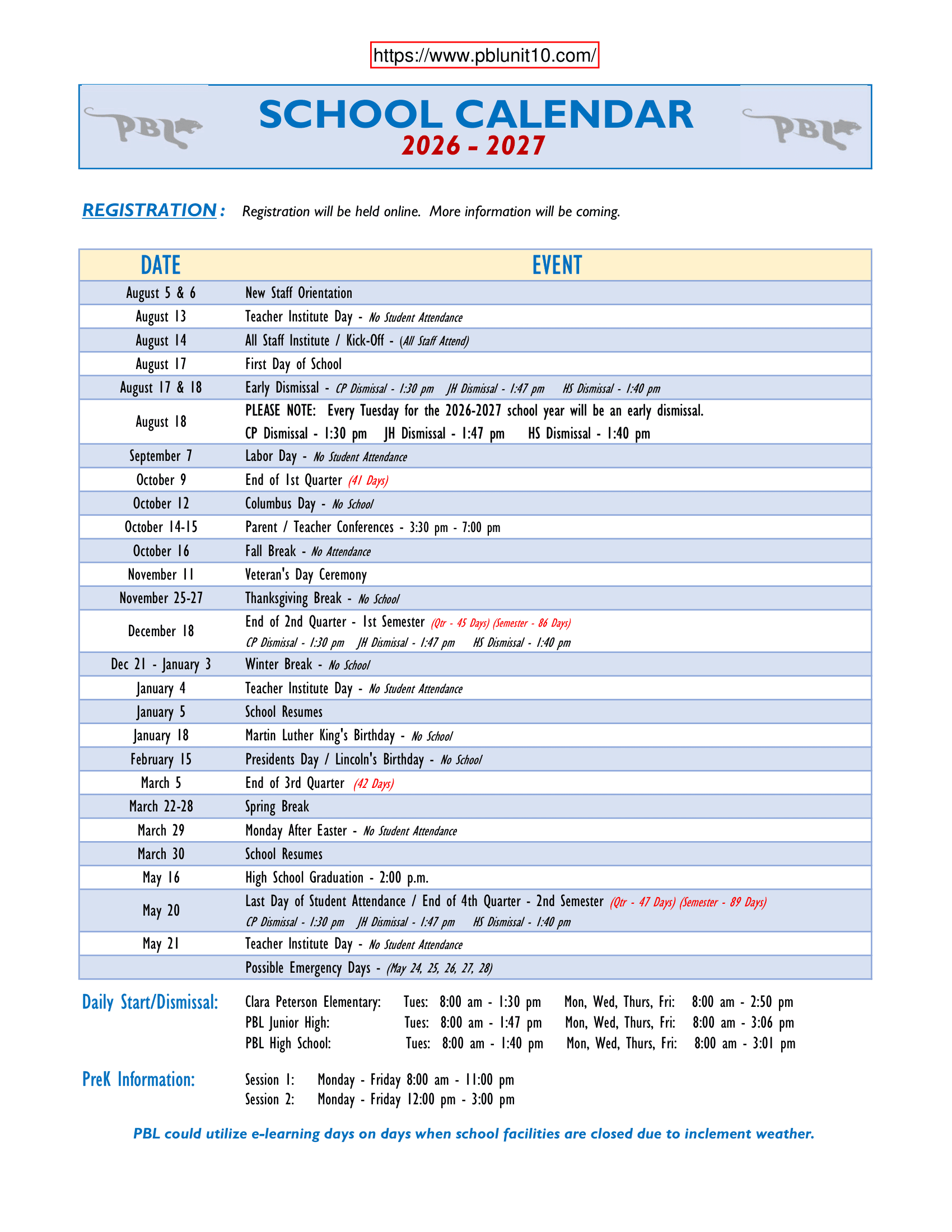 PBL Unit 10 Calendar 26-27 Revised