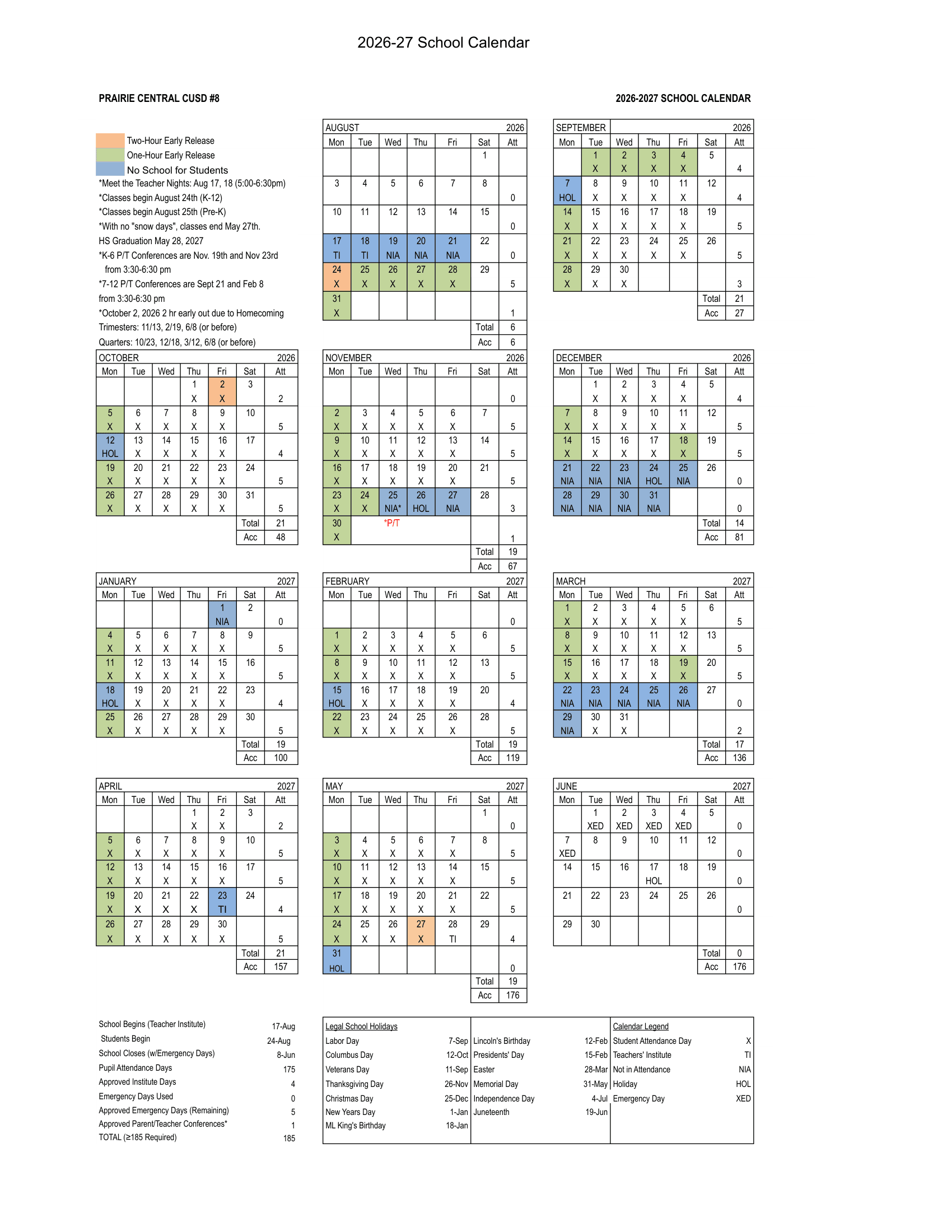 PRAIRIE CENTRAL CUSD #8 Calendar 26-27 pdf