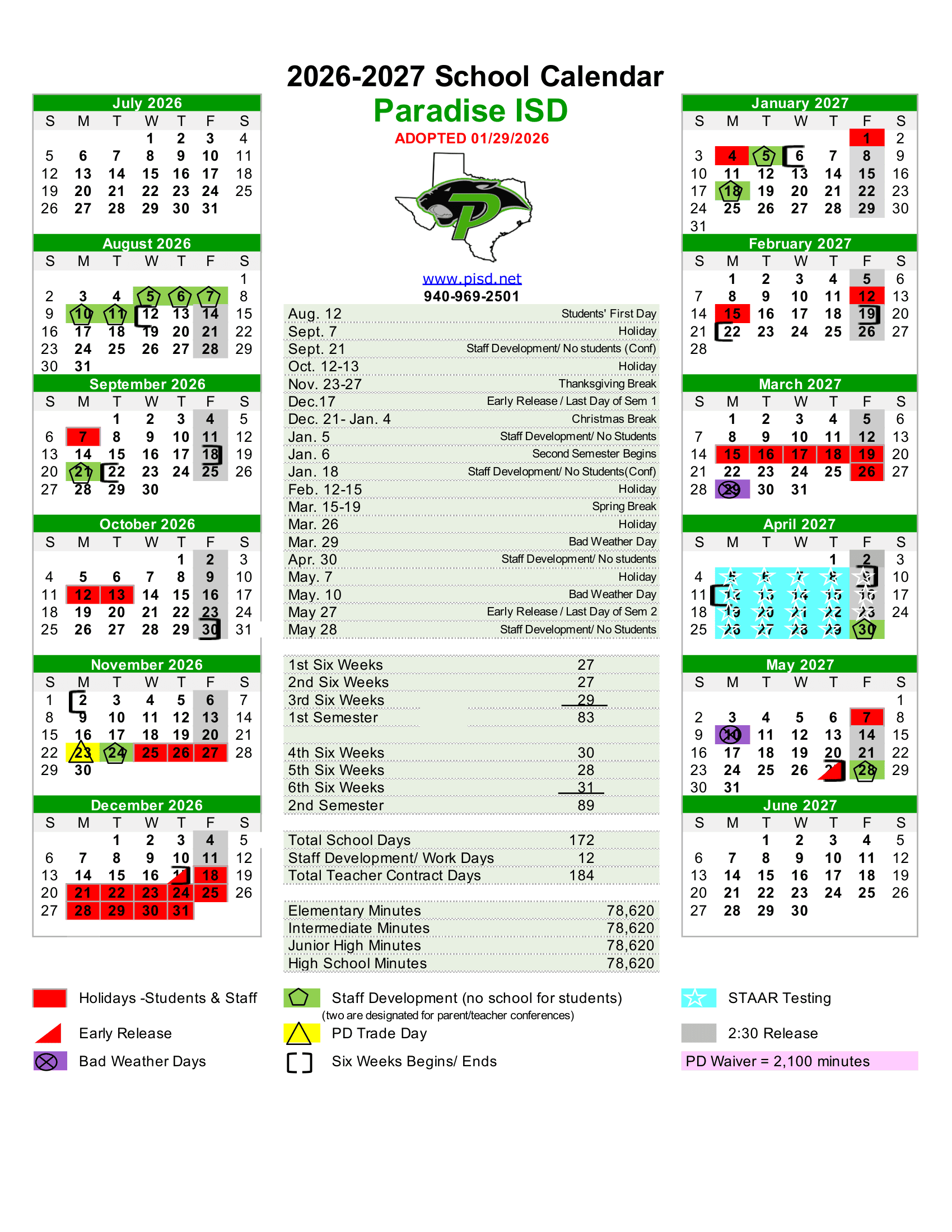 Paradise ISD Calendar 26-27 Revised