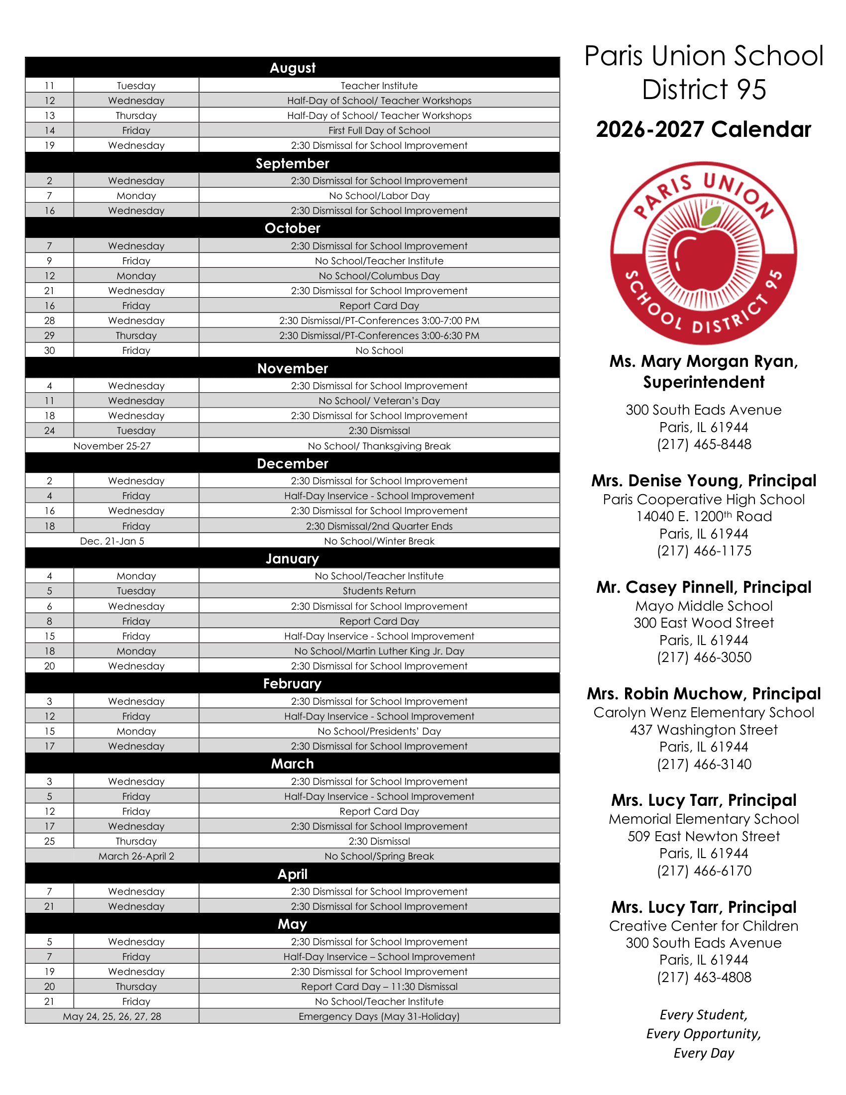 Paris Union School District 95 Calendar 26-27 Revised