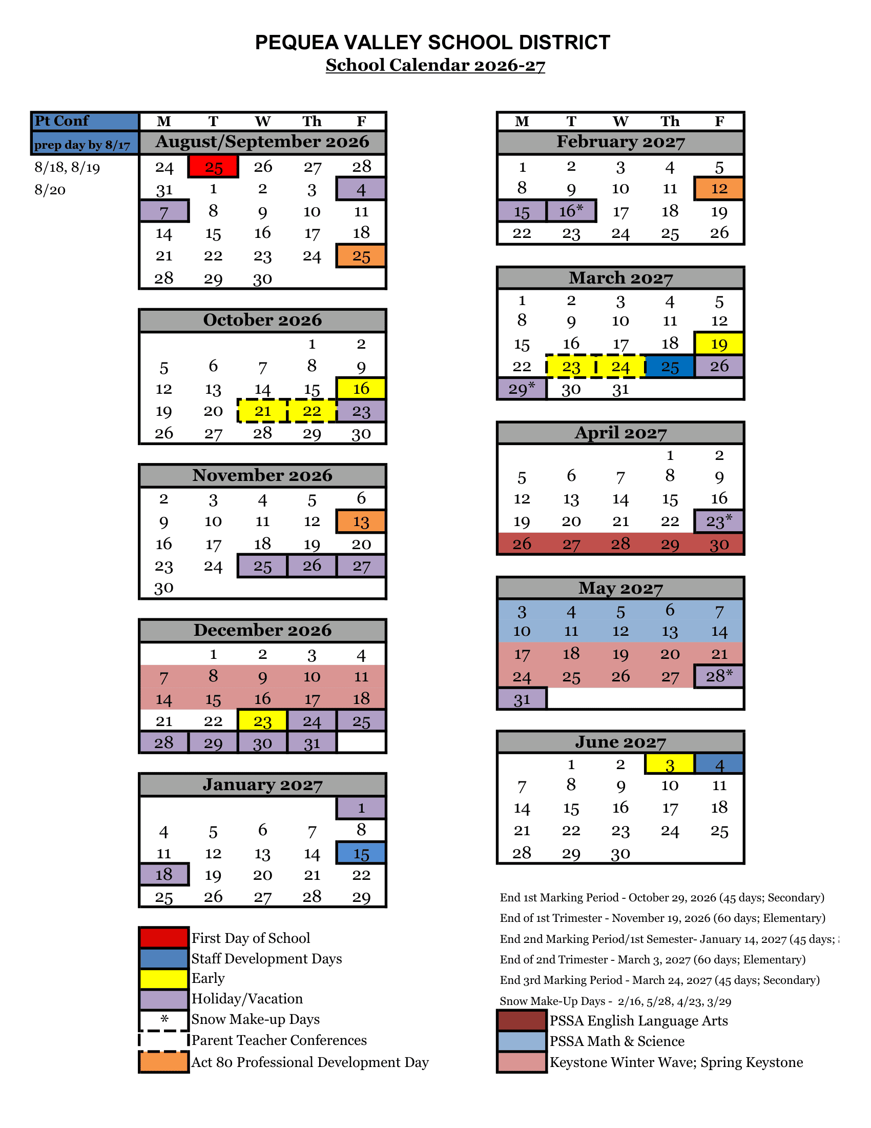 Pequea Valley School District Calendar 26-27 pdf