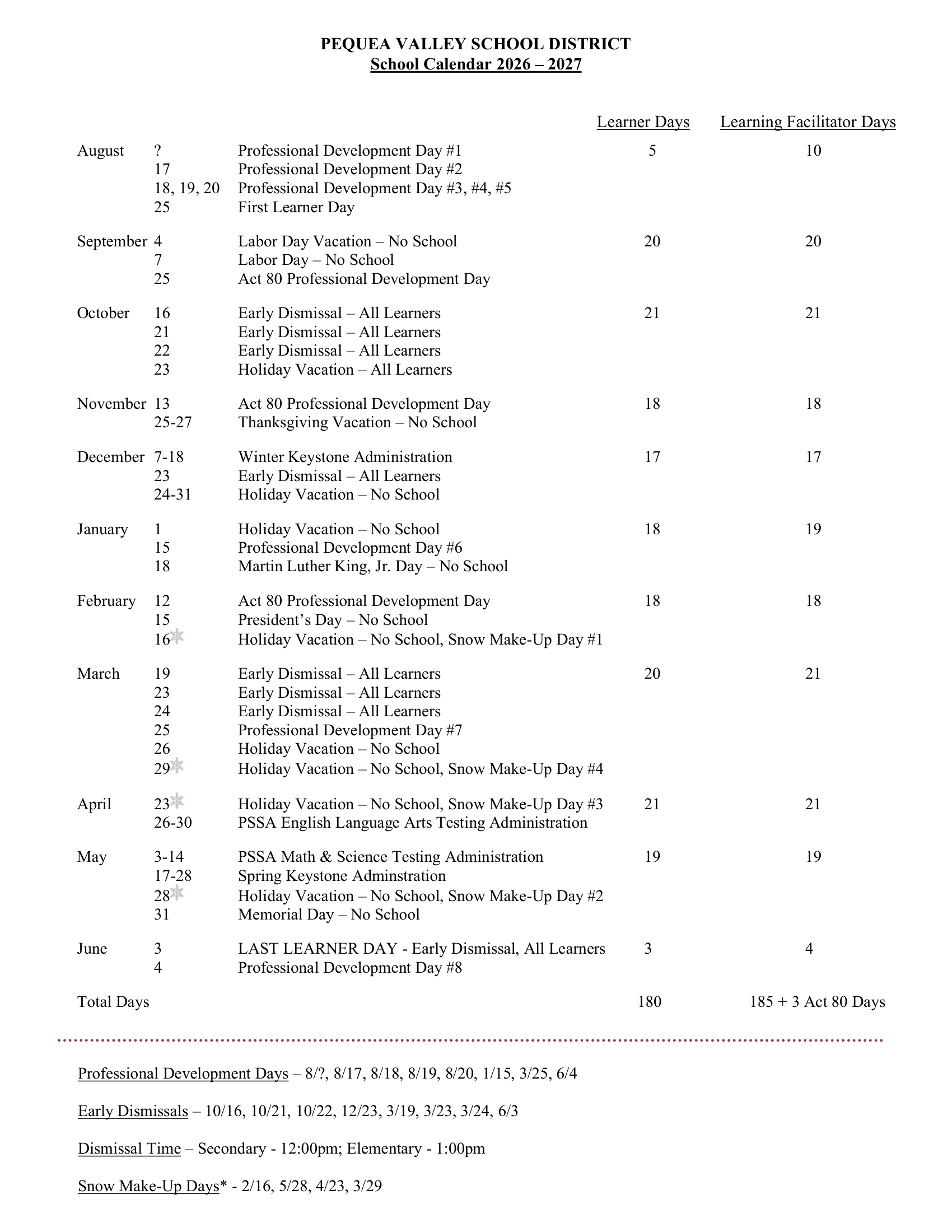 Pequea Valley School District Calendar 26-27 pdf
