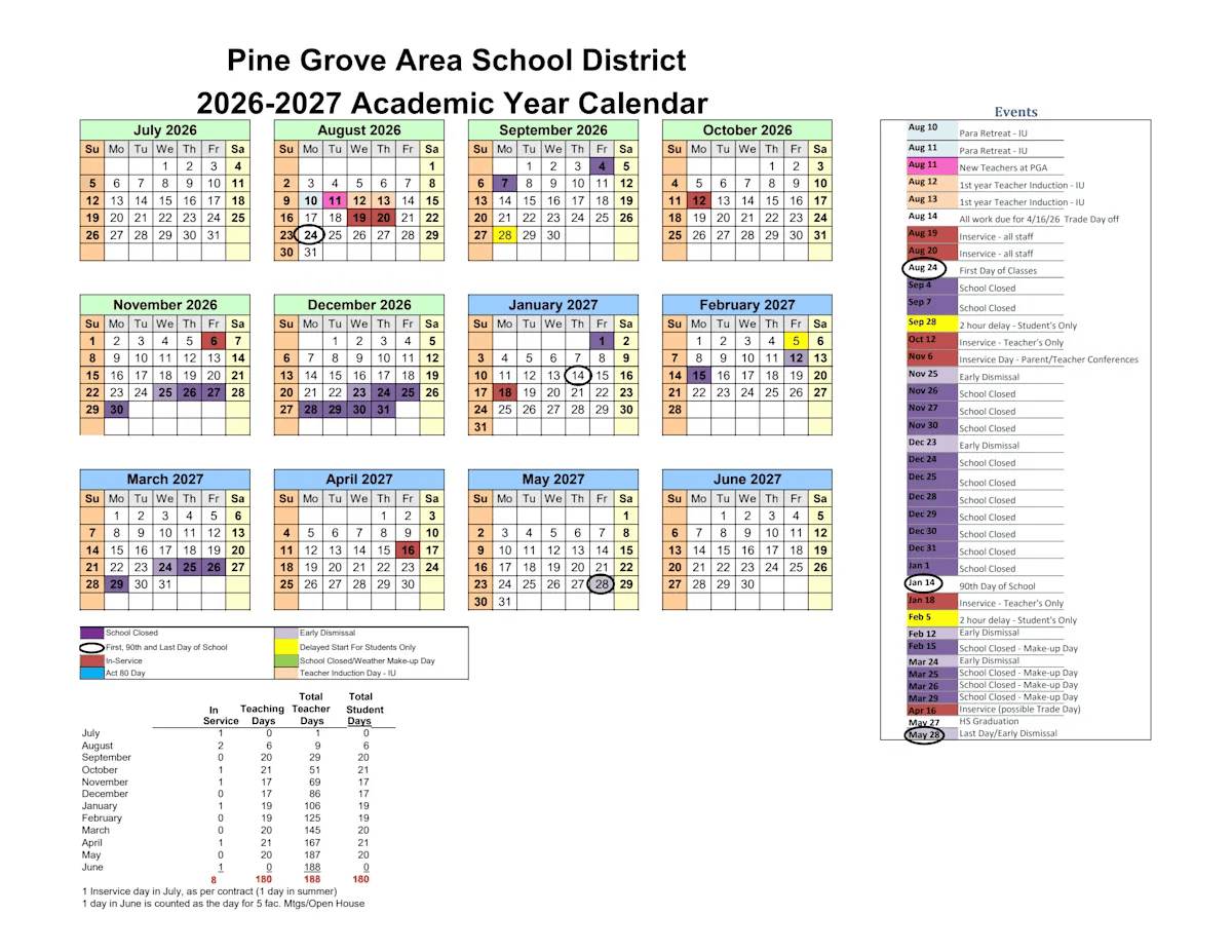 Pine Grove Area School District Calendar 26-27 pdf
