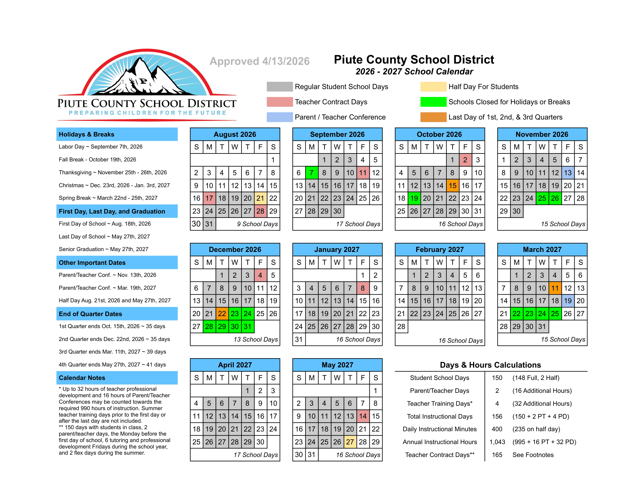 Piute County School District Calendar 26-27 PDF