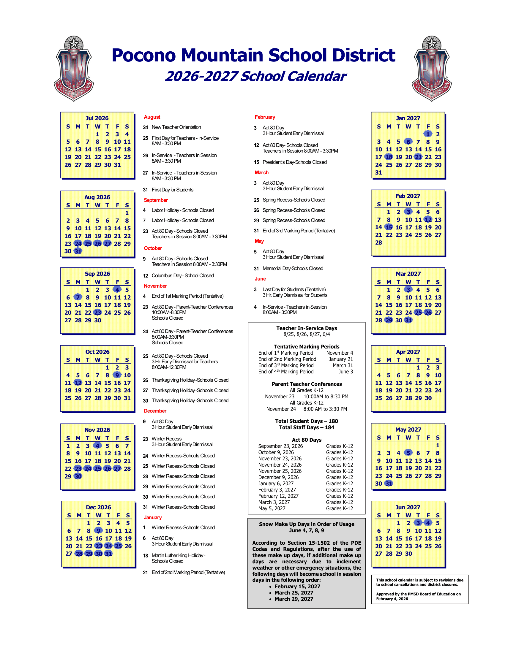Pocono Mountain School District Calendar 26-27 Revised