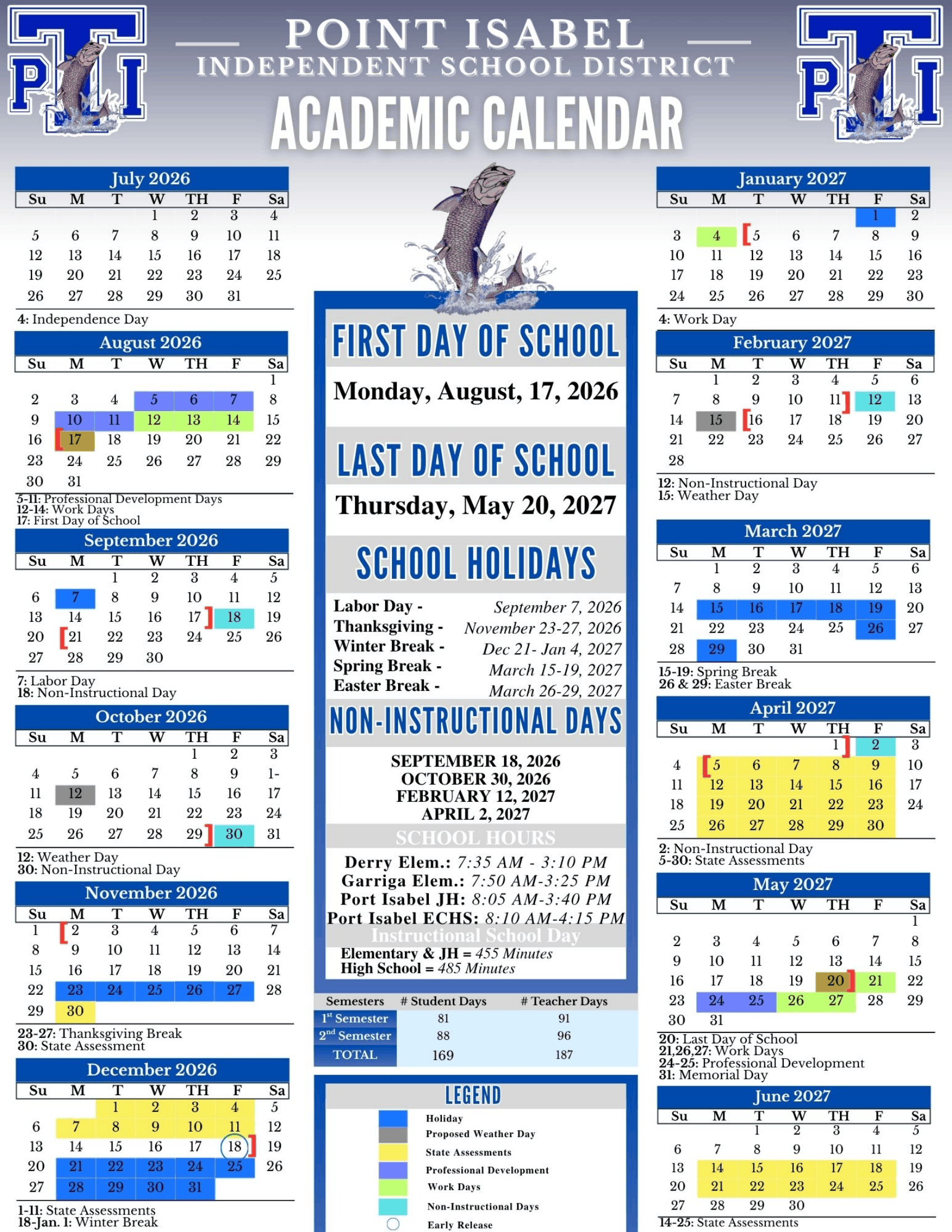 Point Isabel Independent School District Calendar 26-27 pdf