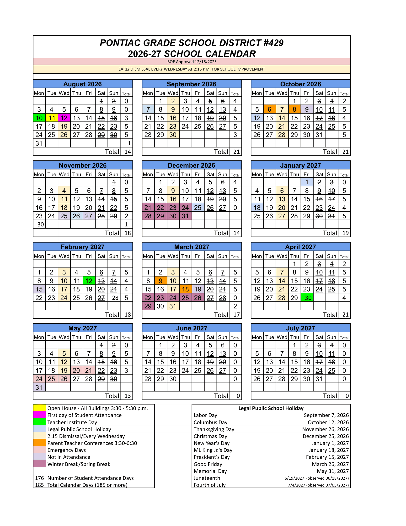 Pontiac Grade School District #429 Calendar 26-27 Revised