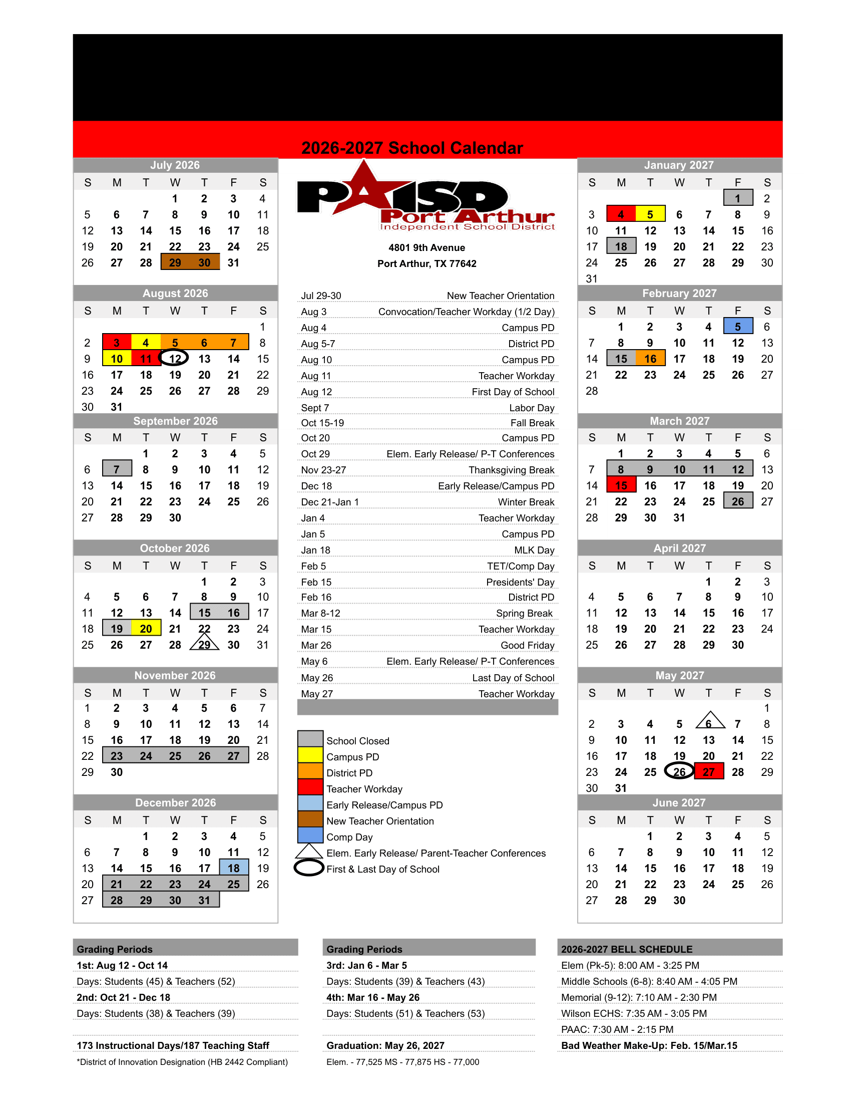 Port Arthur Independent School District Calendar 26-27 pdf