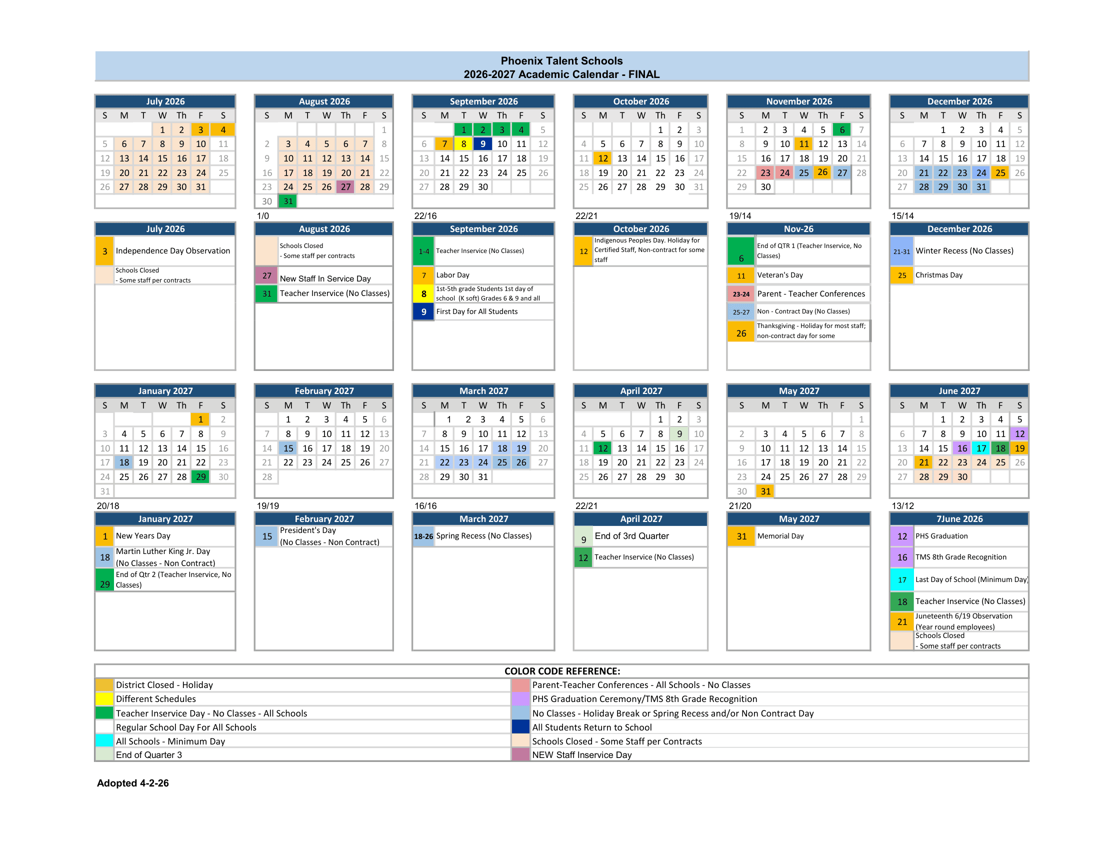 Phoenix Talent Schools Calendar 26-27 PDF