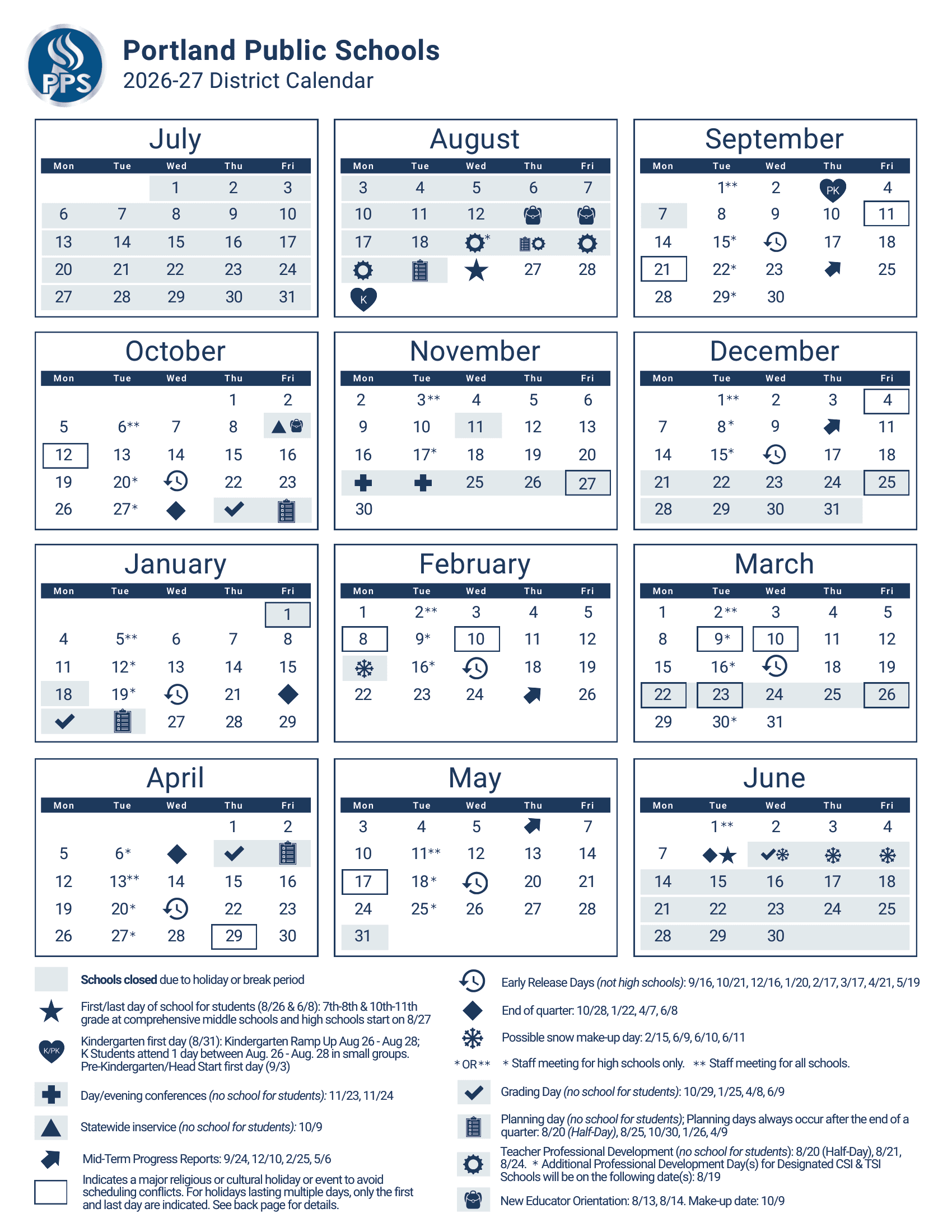 Portland Public Schools Calendar 26-27 PDF